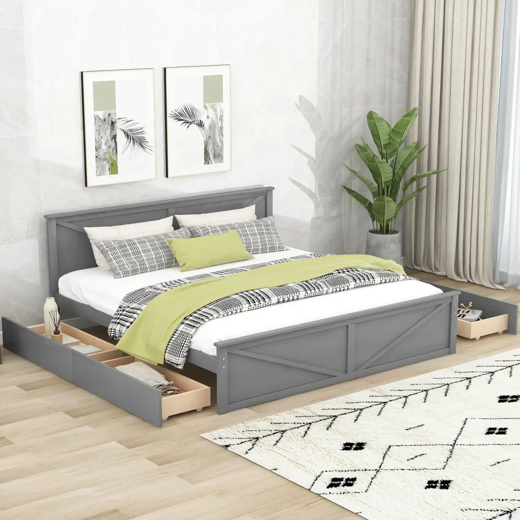 King Size Wooden Platform Bed 4 Storage Drawers wm store