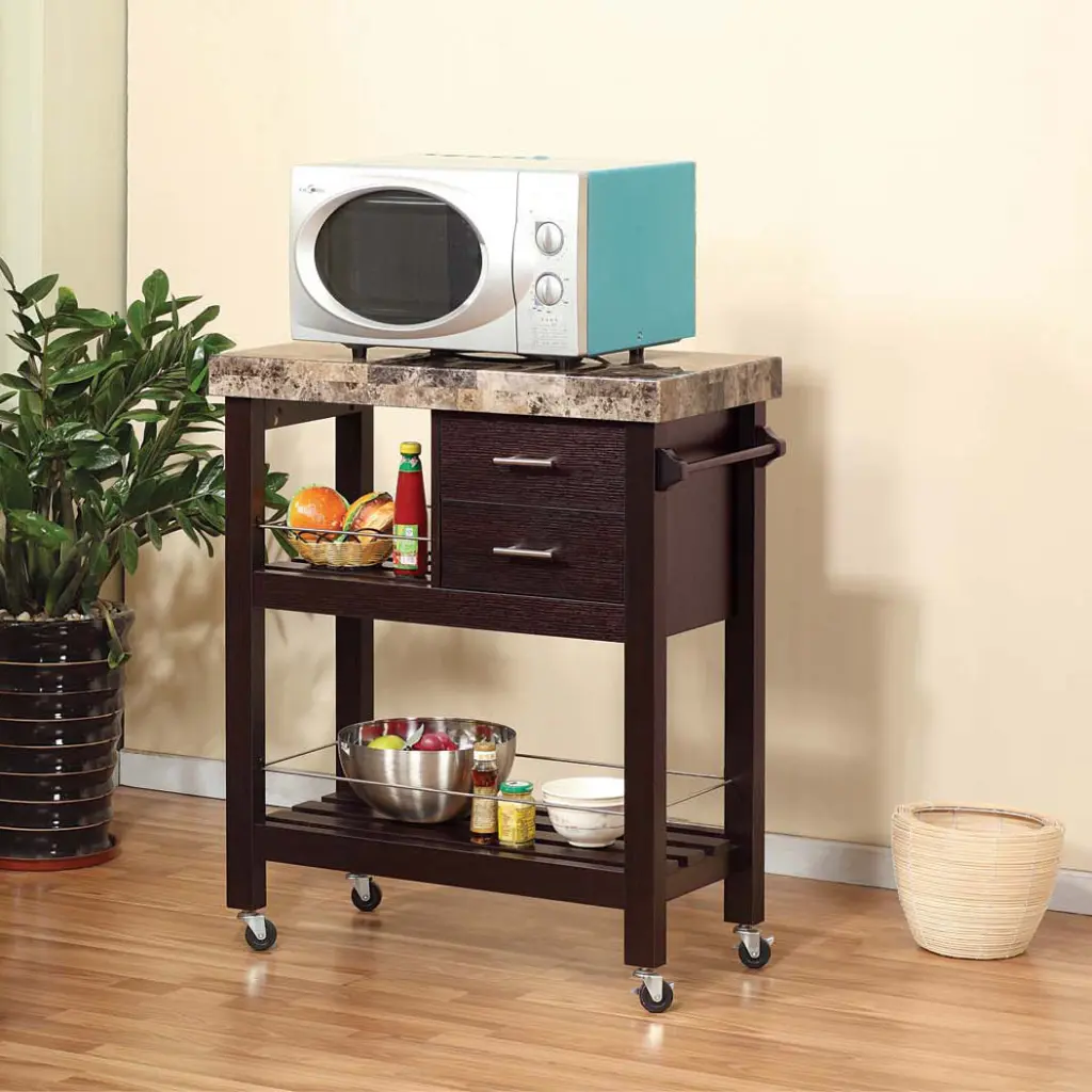 Red Cocoa Kitchen Cart Faux Marble Chunky Thick Top And Two Drawers id international- inc.