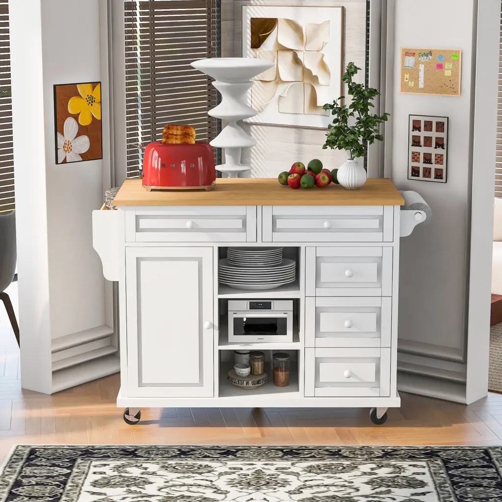 Kitchen Cart Rubber Wood Desktop Rolling Mobile Kitchen Island Storage k-k store