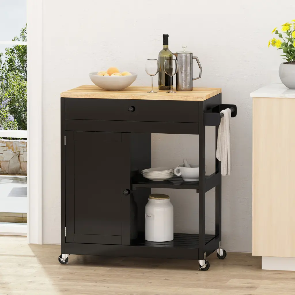 Kitchen Cart Black Wood Storage Shelves nh-sunfay