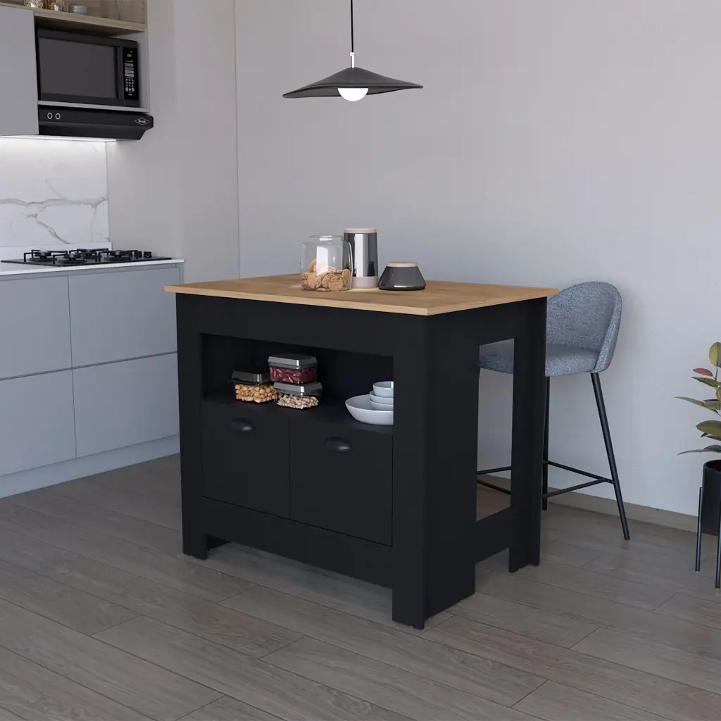 Black 2 Door Kitchen Island Rectangular Stationary Design furniture max