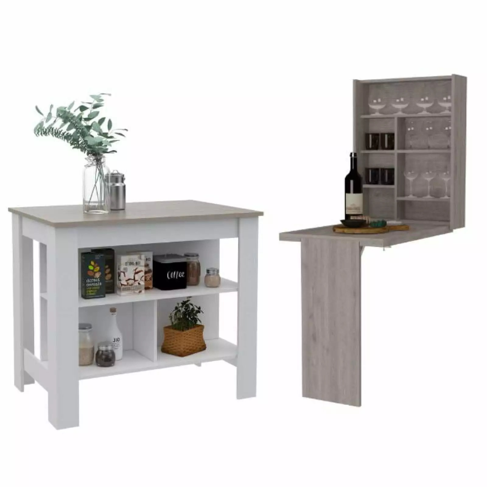 Home Square 2-Piece Set Wood Kitchen Island and Floating Desk Hutch