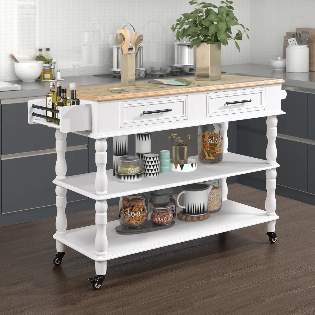 56 Inch Rolling Kitchen Island Storage Kitchen Cart Solid Oak Top power growth furniture