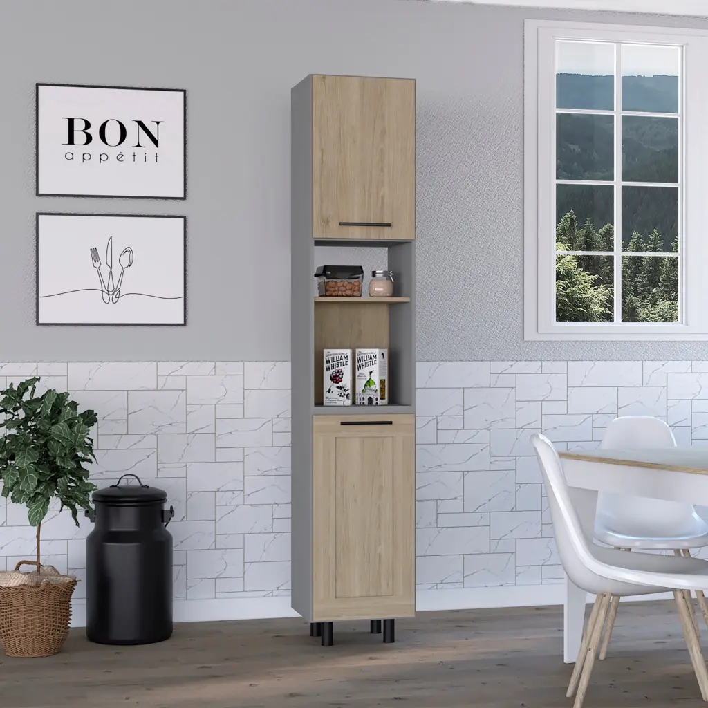 Hasselt Kitchen Pantry Double Door and Six Shelves Light Pine Multicolor tuhome