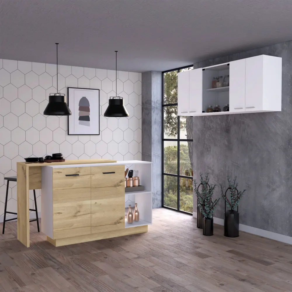 White And Light Oak 2 Piece Kitchen Set Island And Wall Cabinet furniture max