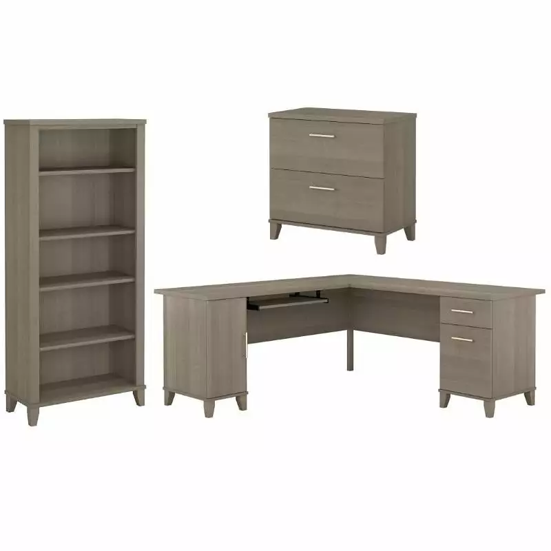 Home Square 3-Piece Set 72W L Shaped Desk File Cabinet & 5-Shelf Bookcase - Complete Office Solution BBF