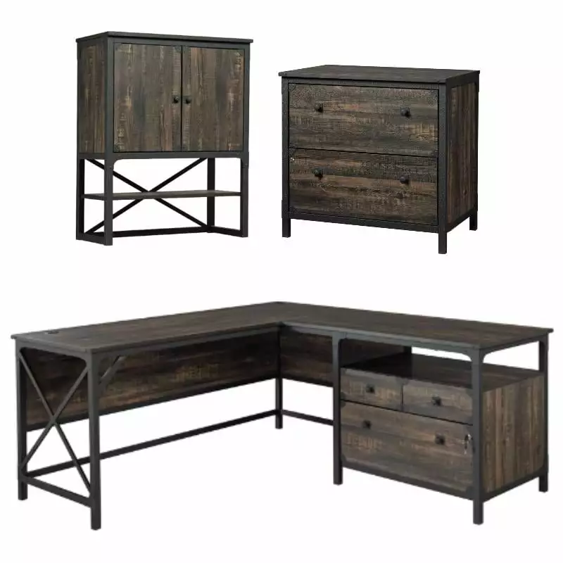 Home Square L-Shaped Desk Set Lateral File and Hutch Carbon Oak