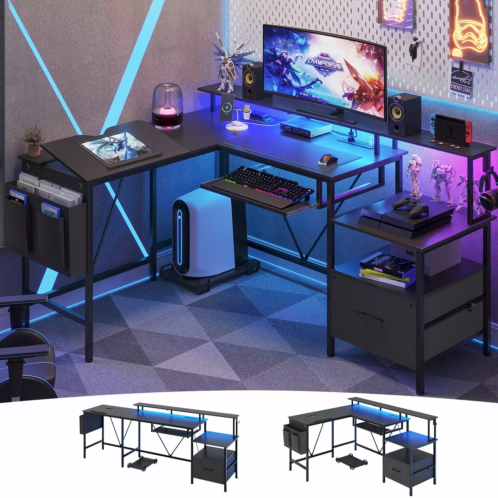Afuhokles L Shaped LED Gaming Desk Reversible Corner Computer Desk Power Outlet and Storage