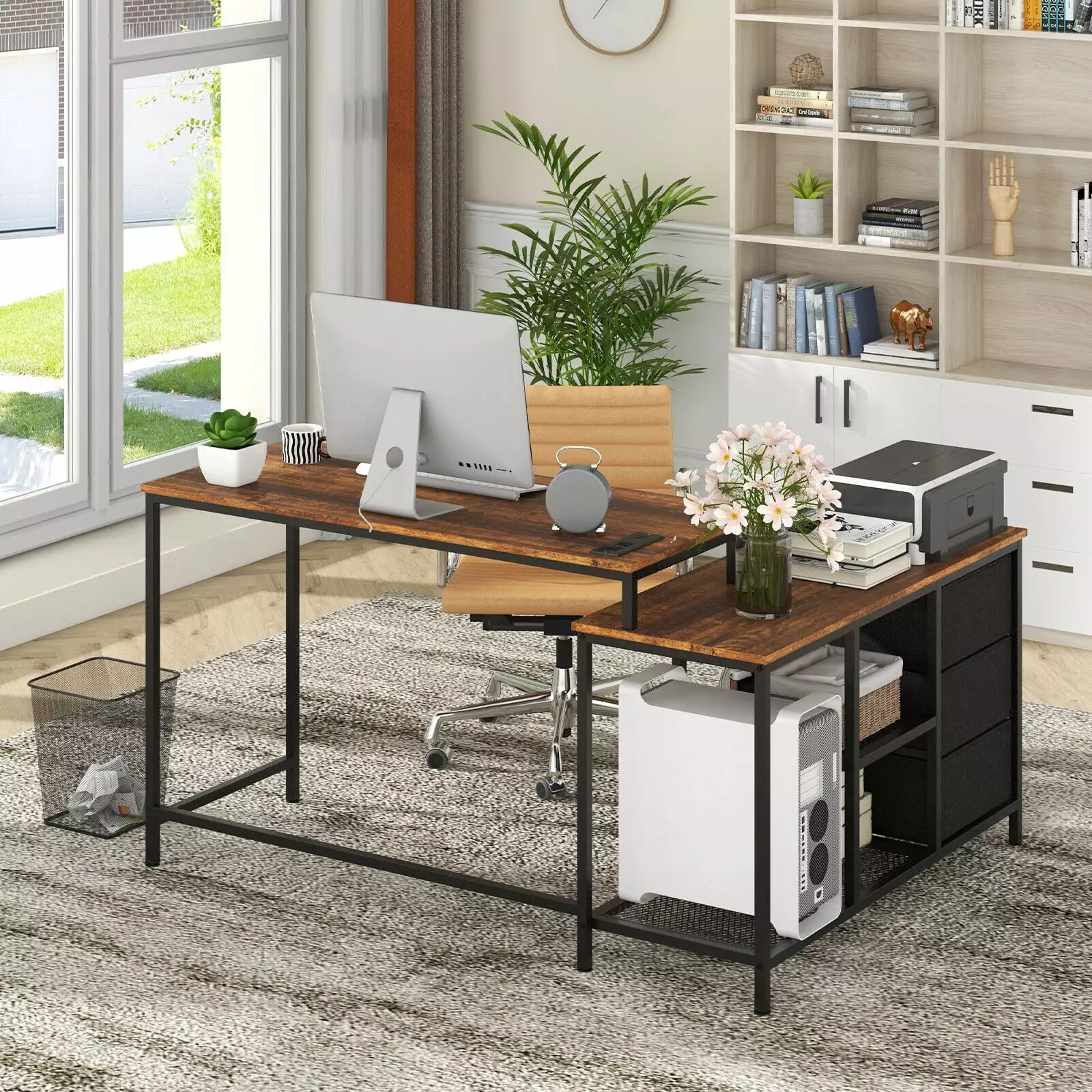 Amijoy L-Shaped Computer Desk Drawers Shelves 81 Inch Convertible Home Office Desk Charging Station