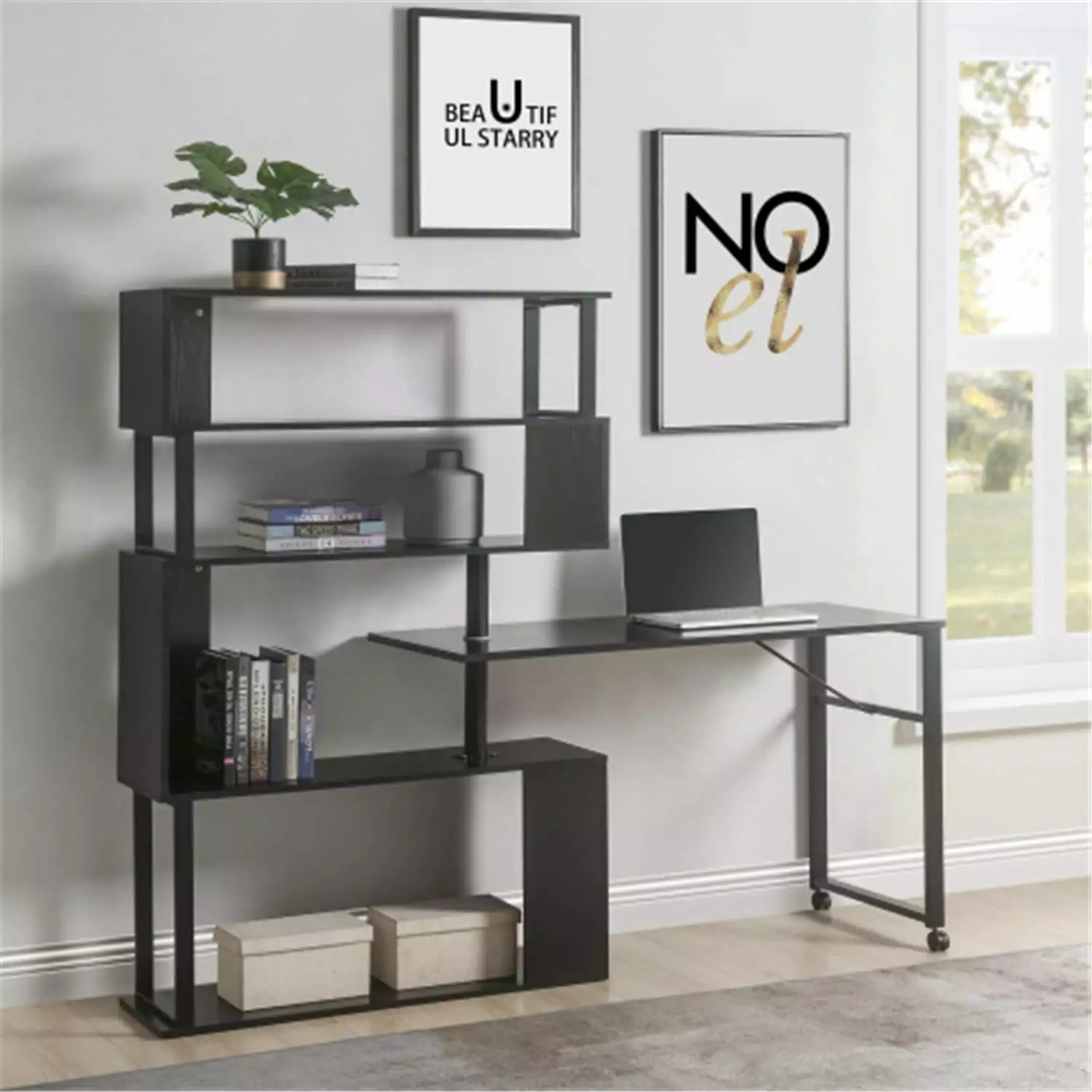Home Office Computer Desk L-Shaped Corner Table 5-Story Bookshelf and Lockable Casters Black ARCTICSCORPION