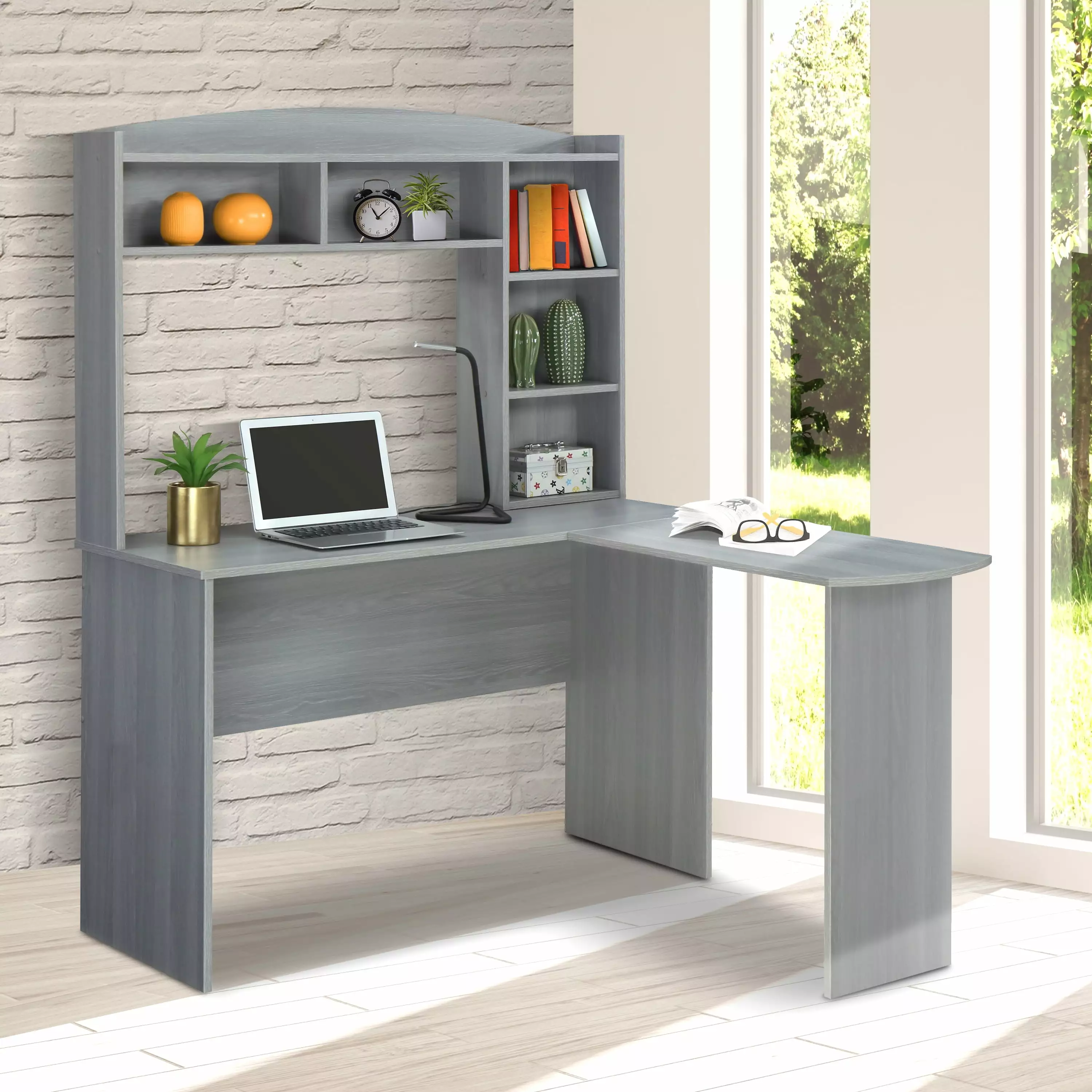 Modern L-Shaped Desk Hutch Solid Wood Computer Desk Storage Shelves Gray ARCTICSCORPION