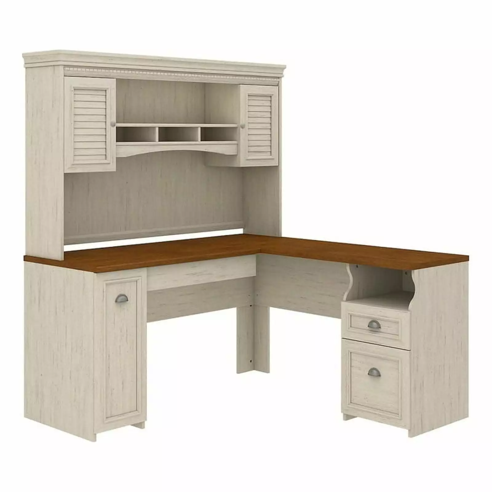 Atlin Designs Farmhouse Antique White Maple L Shaped Desk Hutch