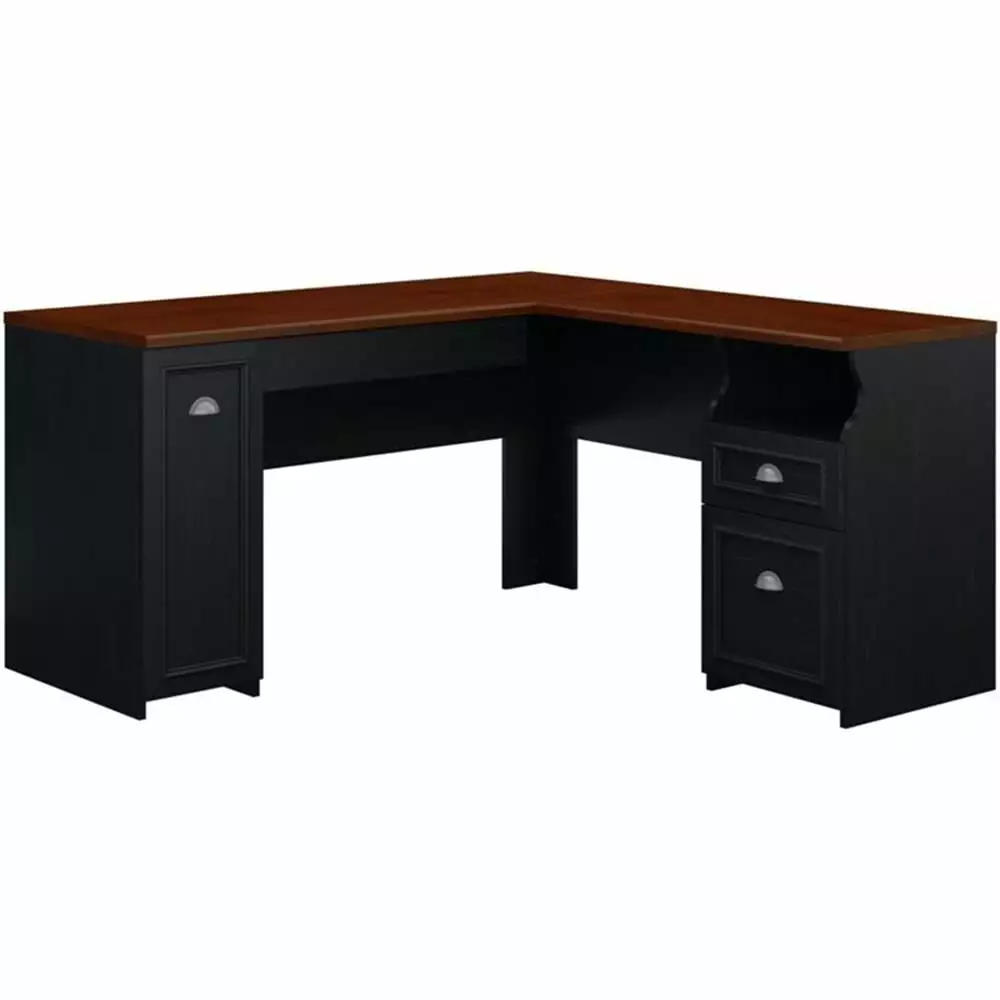 Atlin Designs Farmhouse Wood L Shaped Desk Storage Antique Black and Cherry