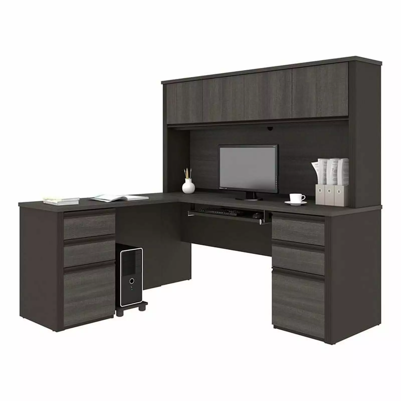 Atlin Designs 6 Piece Wood L Shaped Computer Desk Hutch Bark Gray