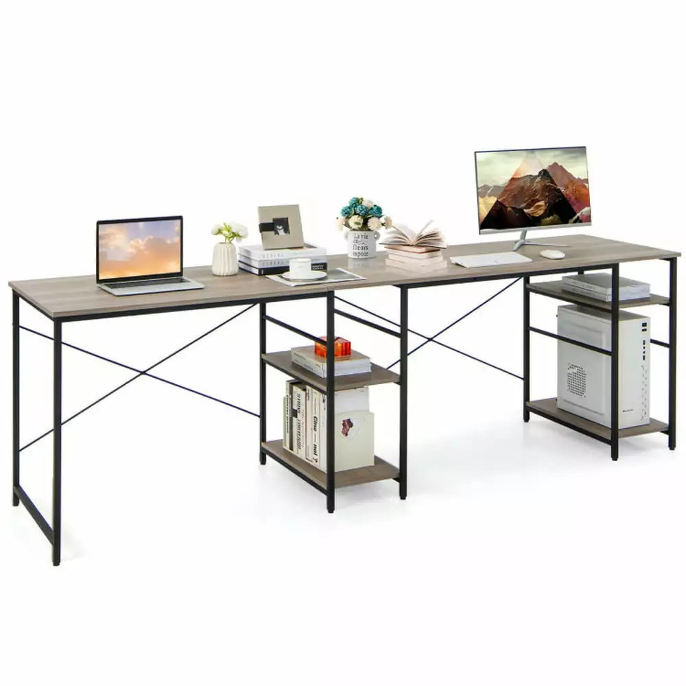 Barara King L Shaped Computer Desk 4 Storage Shelves and Cable Holes Gray - Corner Gaming Desk