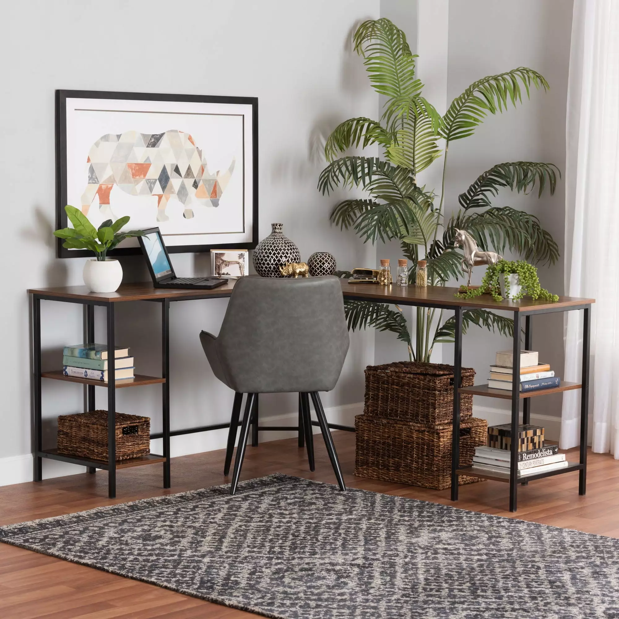 Baxton Studio Lydia Modern Walnut Brown Wood Black Metal L-Shaped Corner Desk Shelves