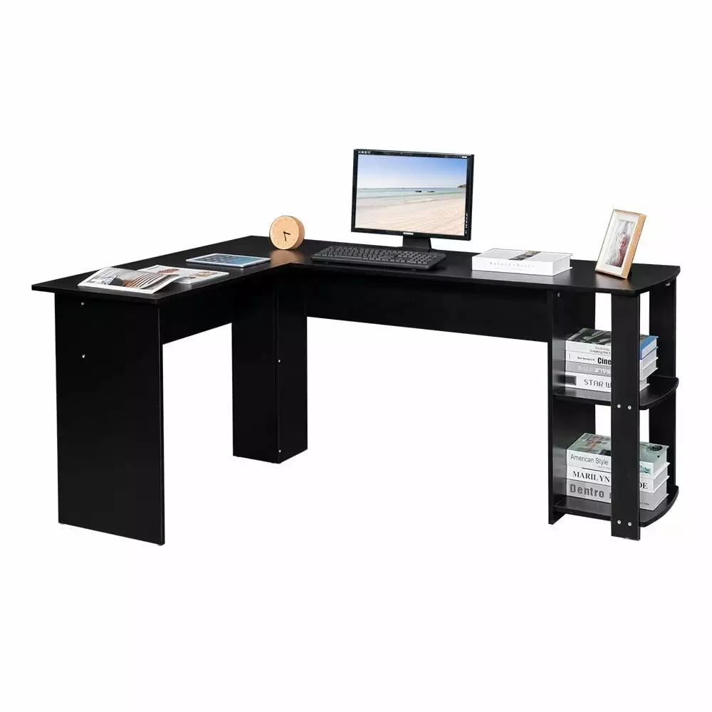 BaytoCare L-Shaped Wood Corner Desk Computer Desk Laptop Workstation 2-layer Bookshelves Home Office