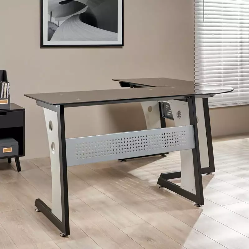 BJJAT L-Shaped Home Office Computer Desk Black Tempered Glass Top