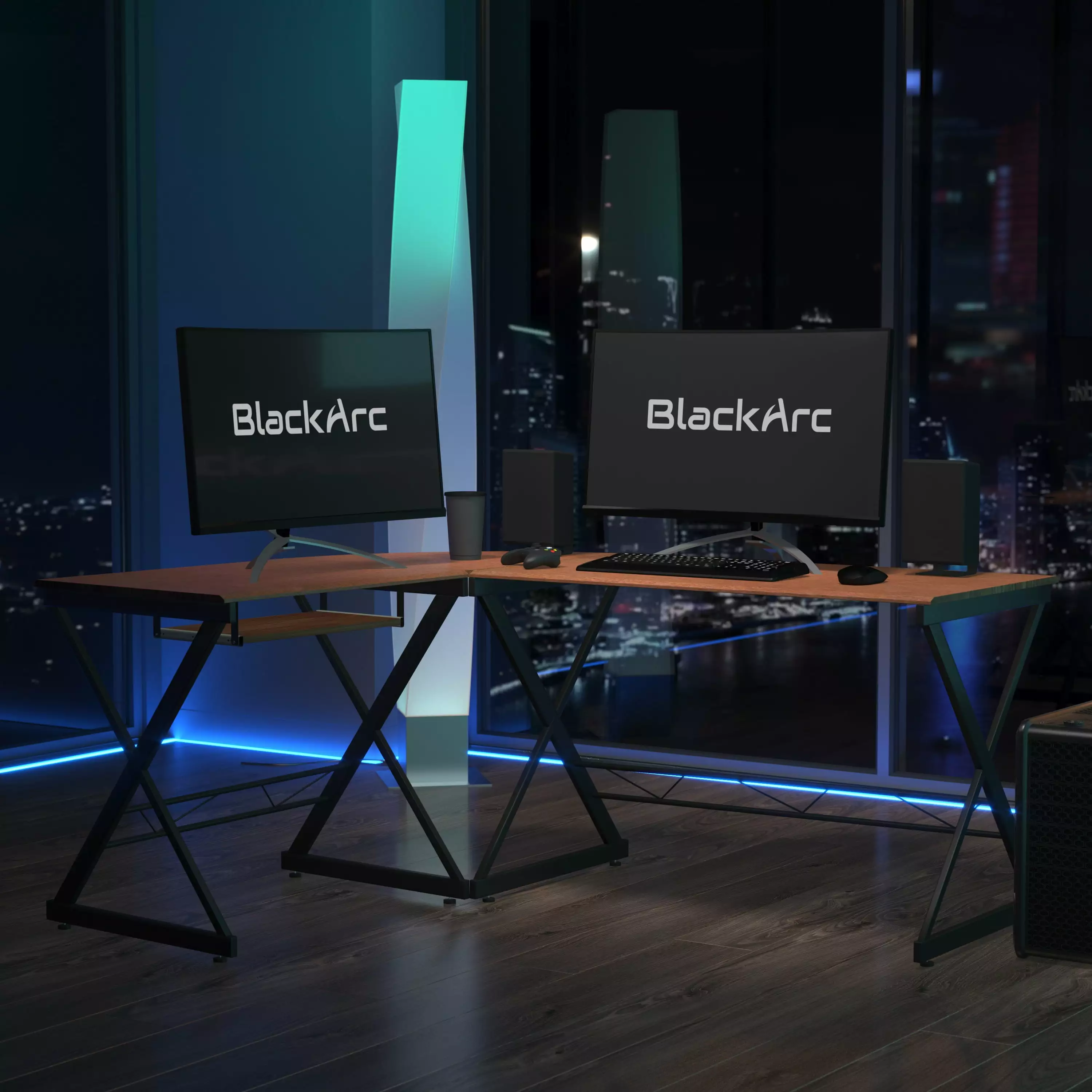BlackArc L-Shaped Gaming Desk - Teakwood Finish Pull Out Keyboard and Black Powder Coated Frame