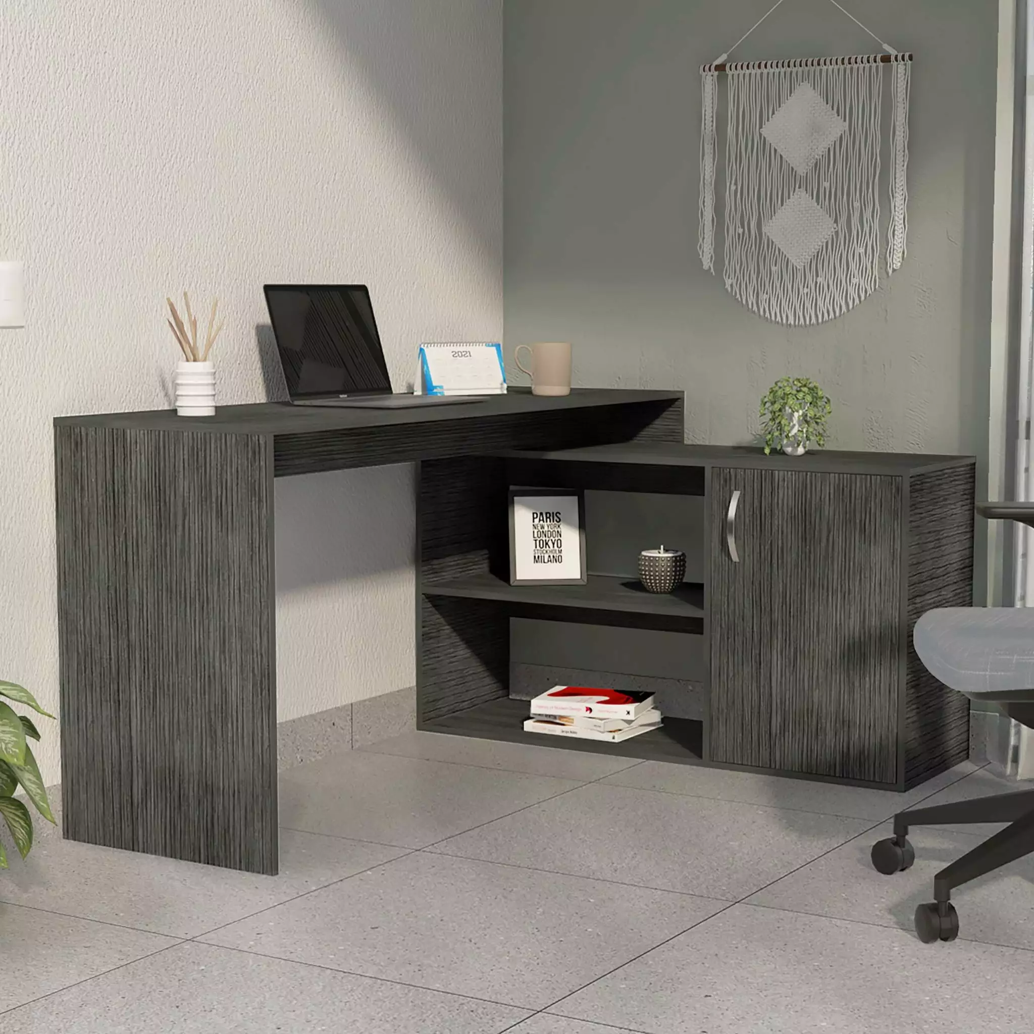 Boahaus Linyi L-Shaped Computer Desk Gray 2 Shelves and One Cabinet Adults
