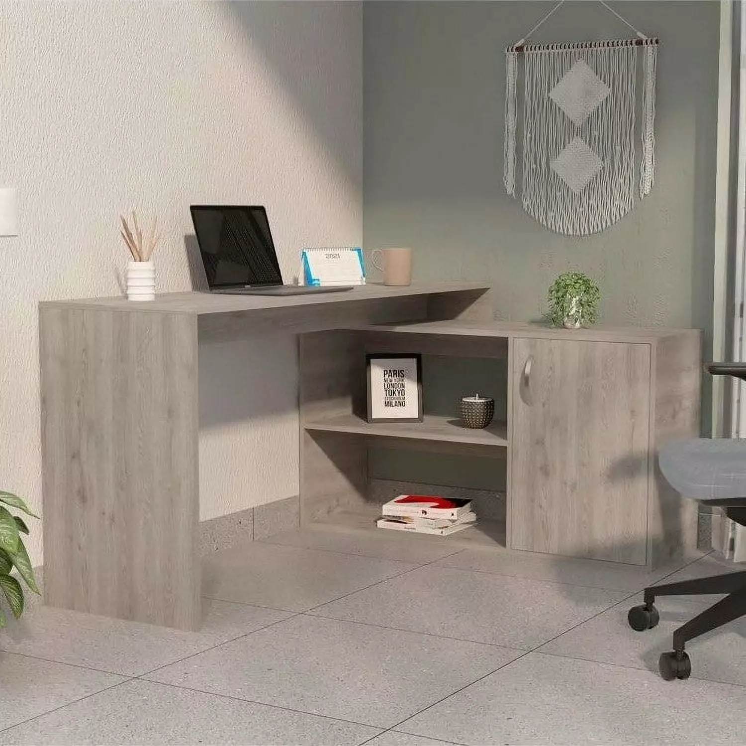 Boahaus Linyi L-Shaped Computer Desk Light Gray 2-Shelves One Cabinet Adults