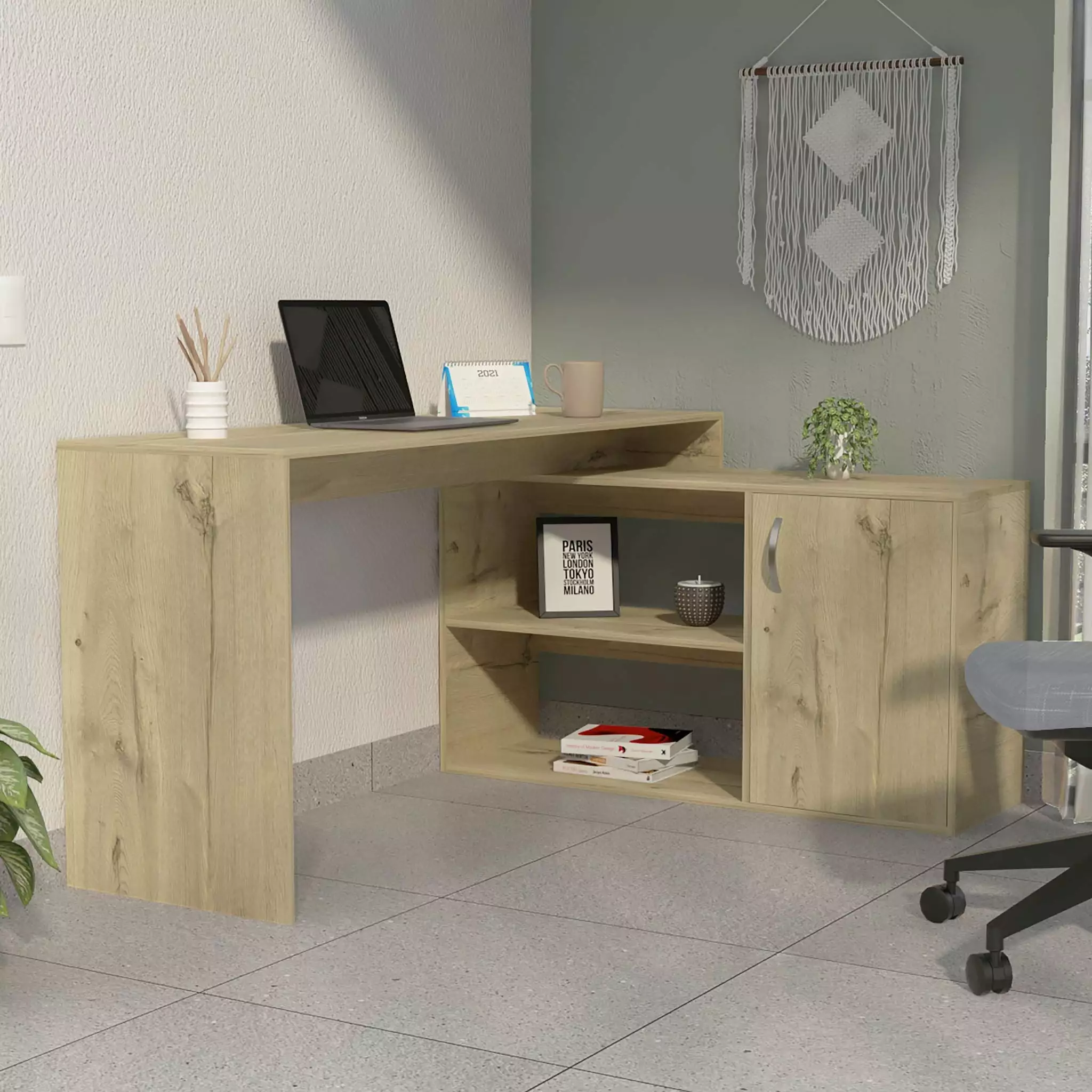 Boahaus Linyi L-Shaped Computer Desk Oak 2 Shelves and Cabinet Adults