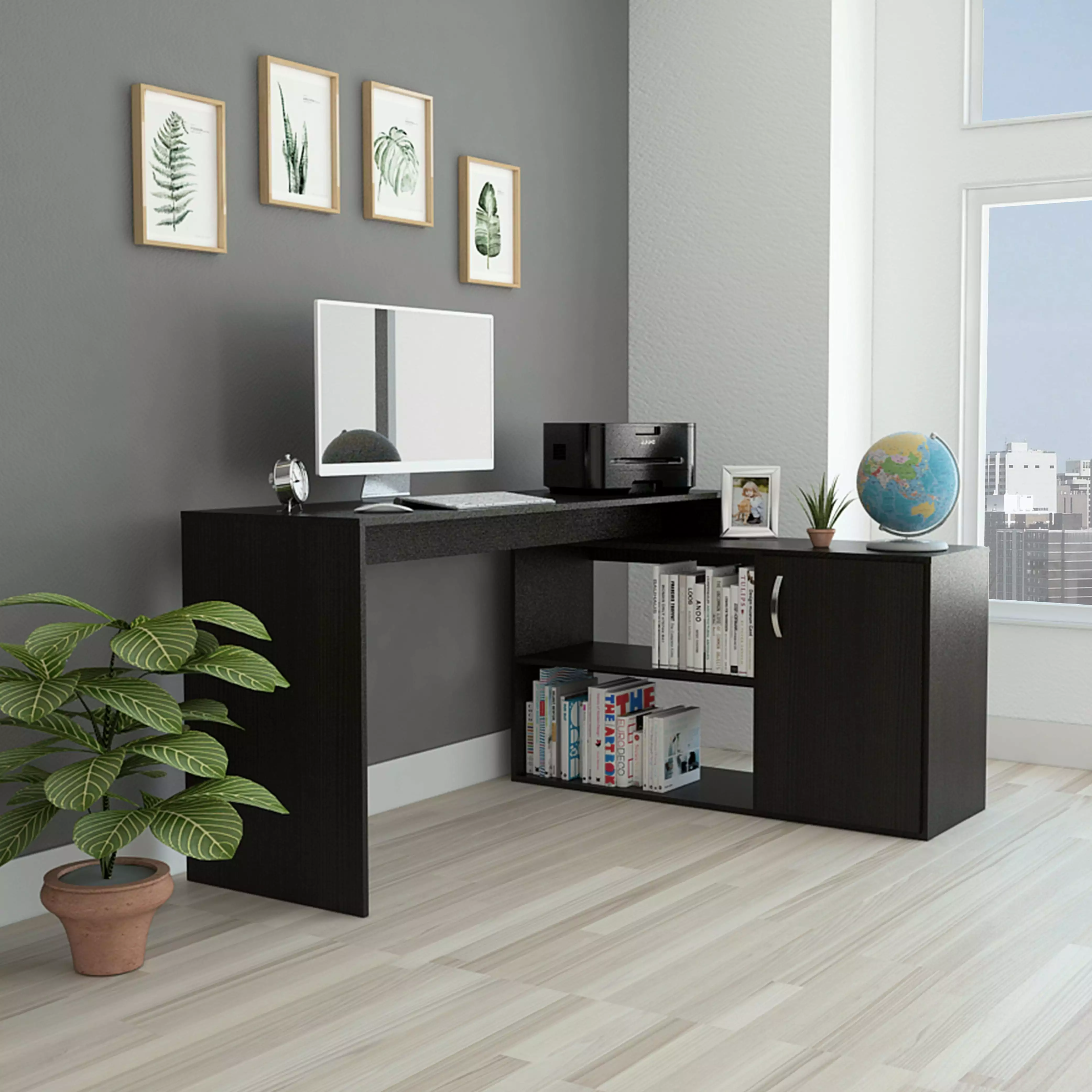 Boahaus Xiamen L-Shaped Computer Desk 2 Shelves and Cabinet Adults Black
