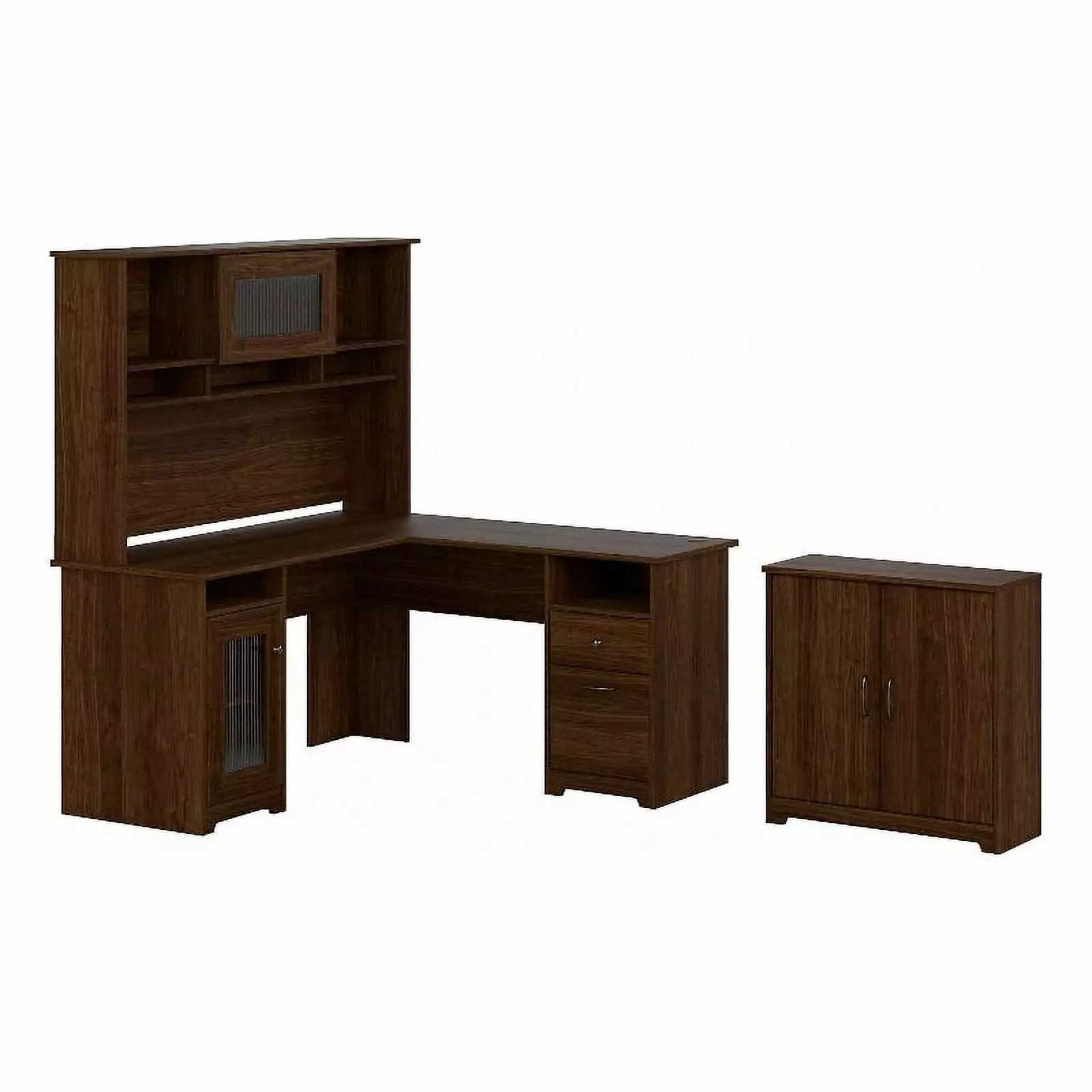Bowery Hill L Desk Hutch and Small Cabinet Walnut Engineered Wood