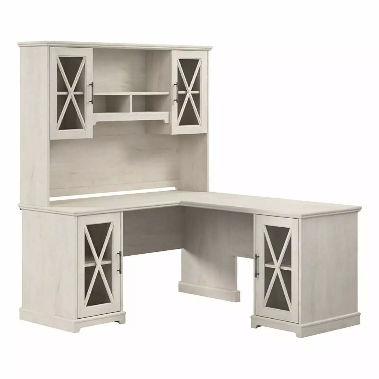 Bowery Hill Linen White Oak L-Shaped Desk Hutch Engineered Wood