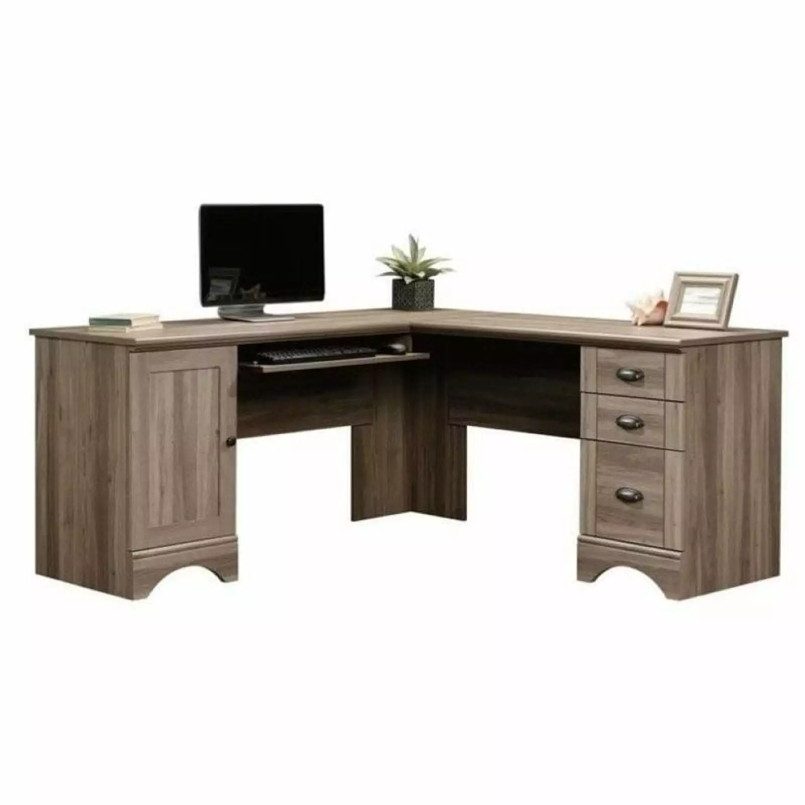 Bowery Hill L-Shaped Computer Desk Salt Oak - Modern Home Office Desk Sturdy Wood Construction