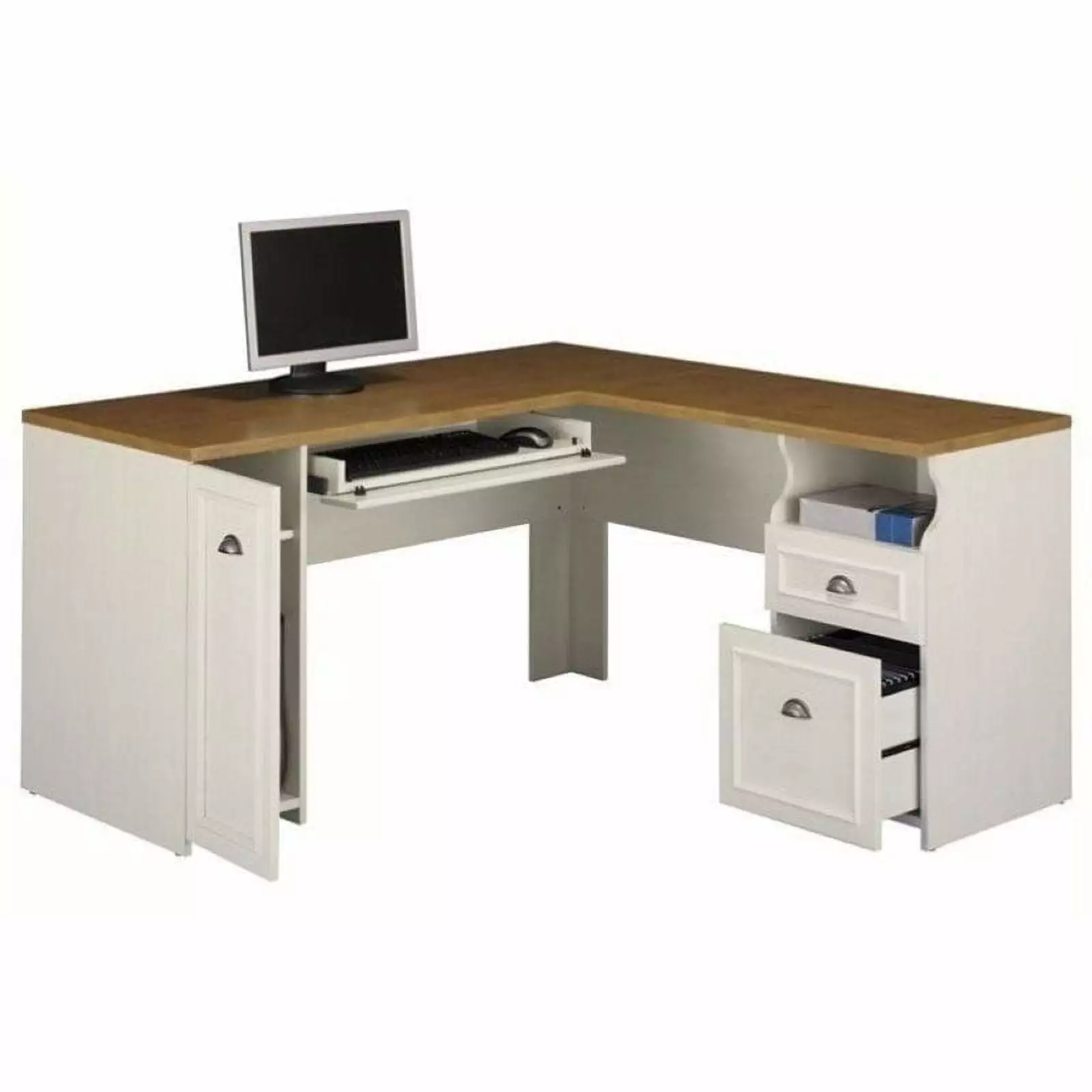 Bowery Hill L-Shaped Wood Computer Desk Antique White and Tea Maple - Elegant Office Desk