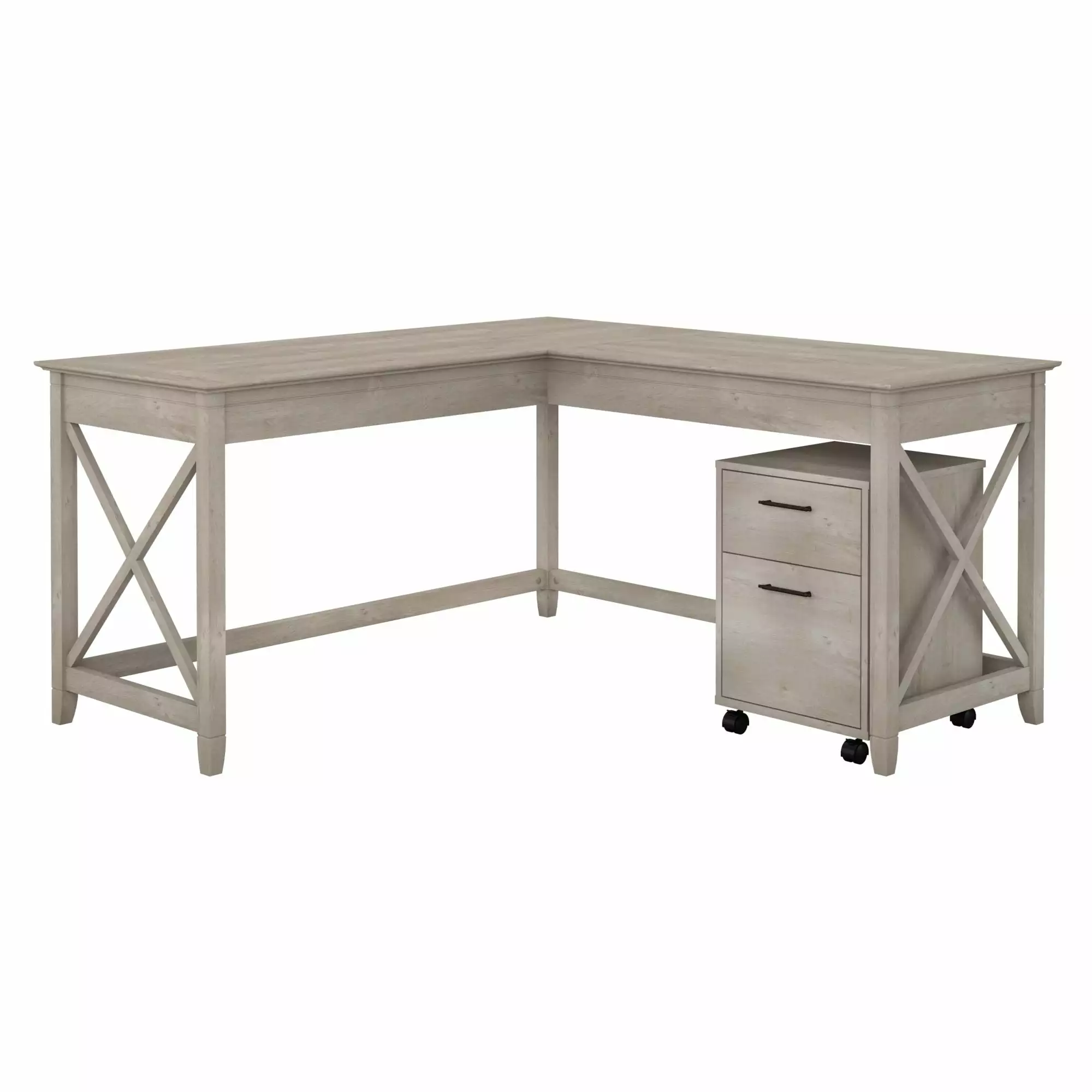 Bush Furniture Key West 60W L Shaped Desk 2 Drawer Mobile File Cabinet Washed Gray