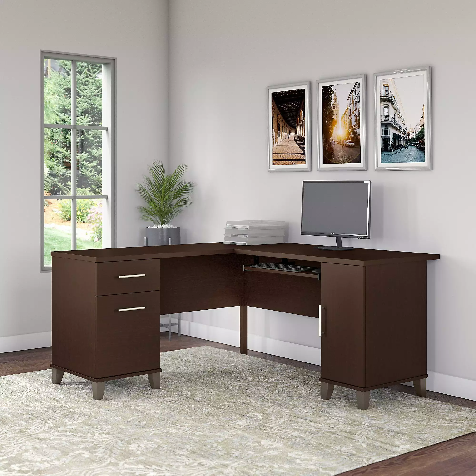 Bush Furniture Somerset 60 L Desk Keyboard Tray and Storage Cabinet Mocha Cherry