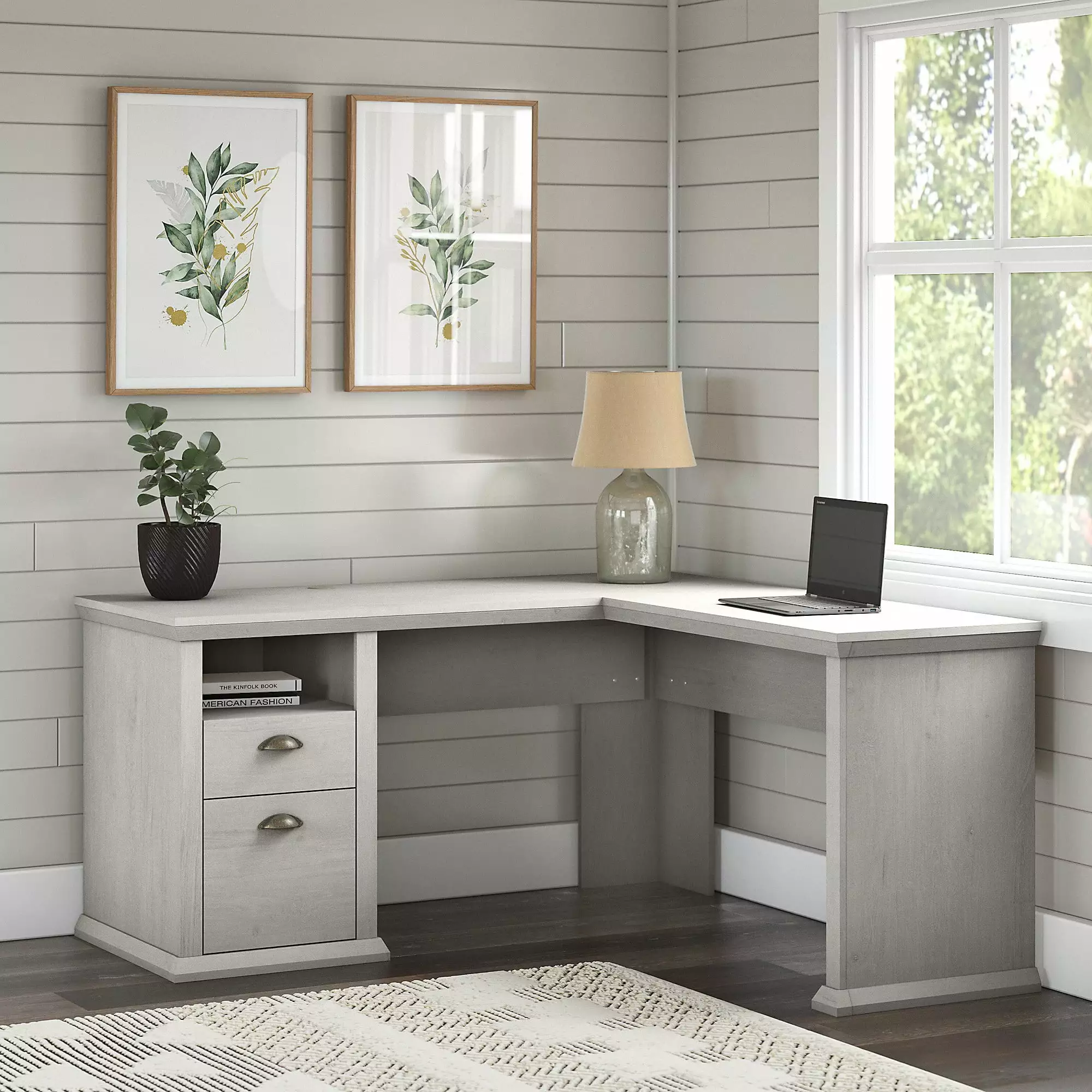 Bush Furniture Yorktown 60W L Shaped Desk Storage Linen White Oak Office Desk