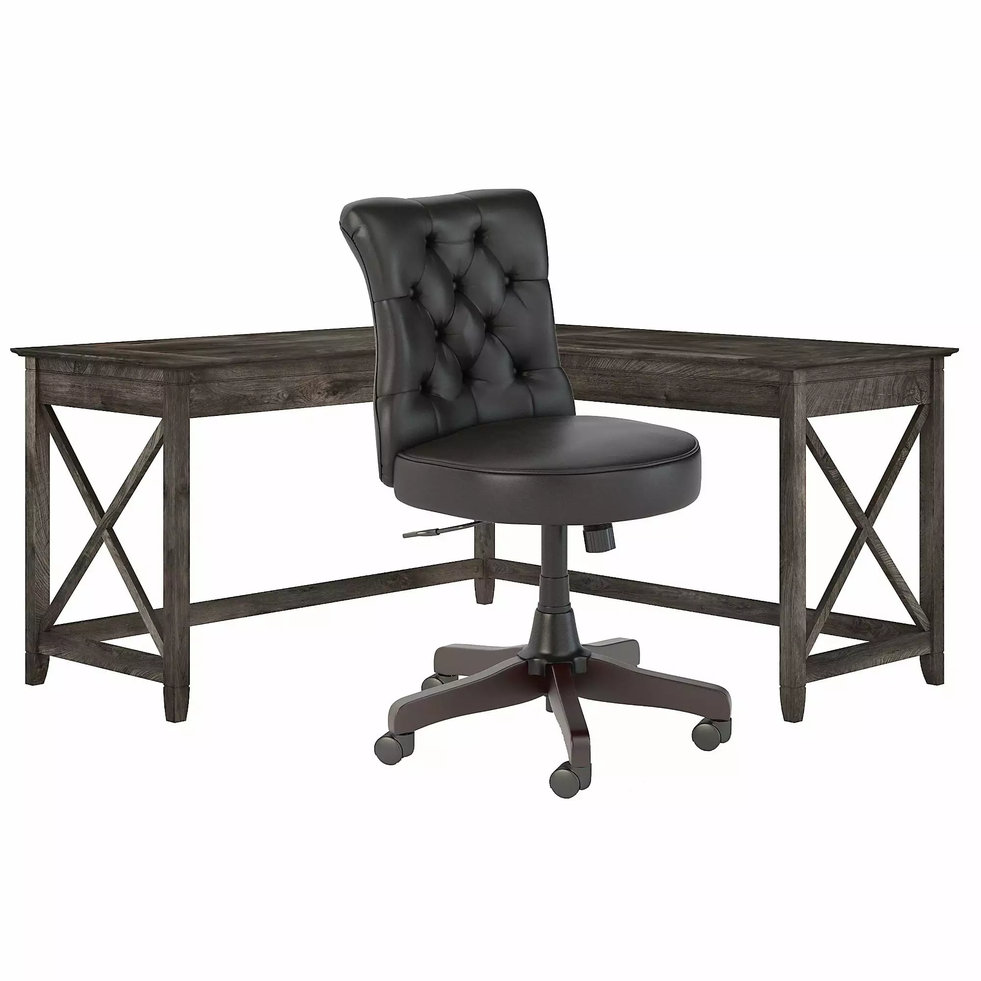 Bush Key West L-Shaped Desk and Chair Set Dark Gray Hickory Engineered Wood Office Furniture Bush Furniture