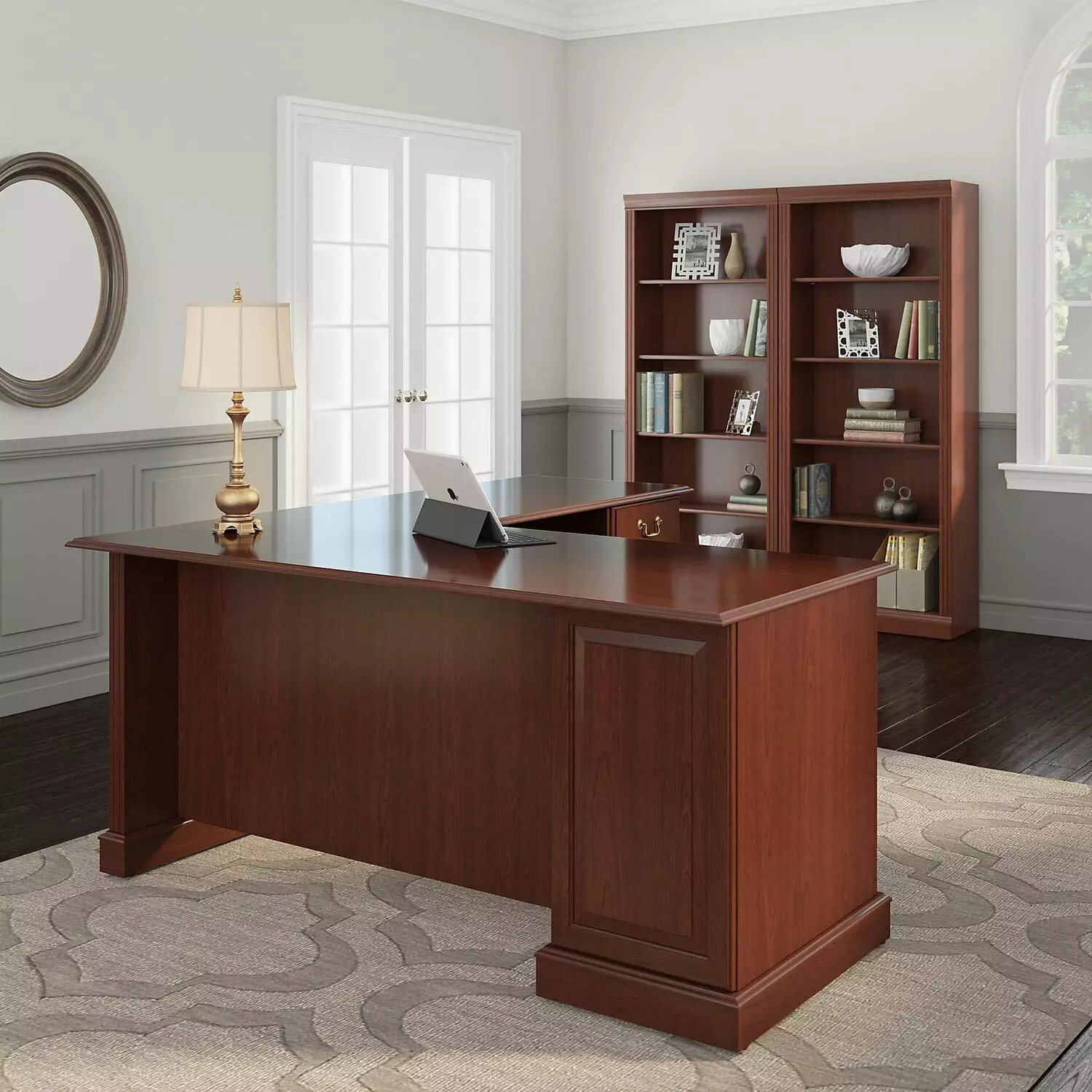 Saratoga Executive L Desk 2 Bookcases Harvest Cherry Engineered Wood Bush Furniture