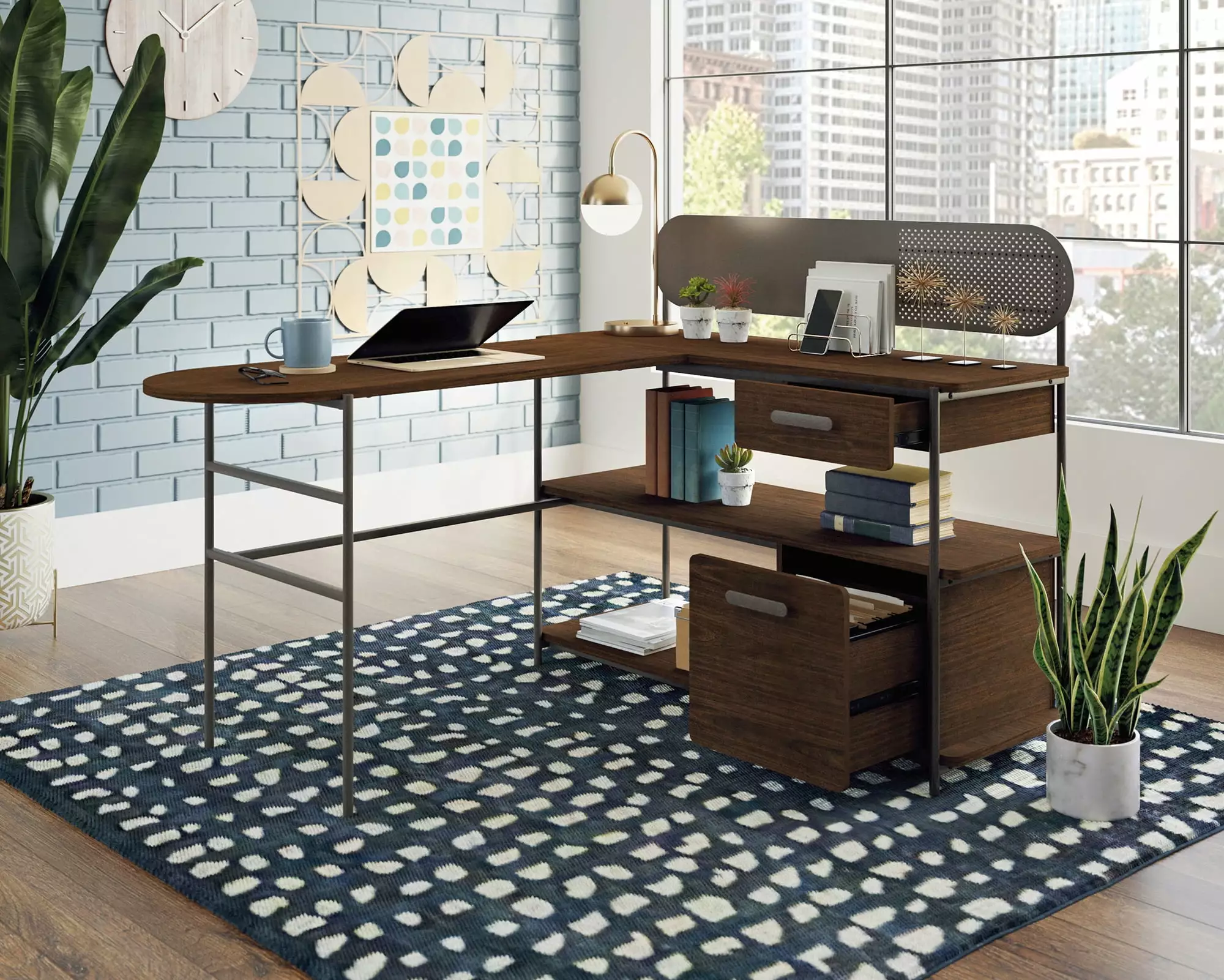 CasaSole 60 Wide L-Shaped Desk Metal Frame and Umber Wood Top Home Office