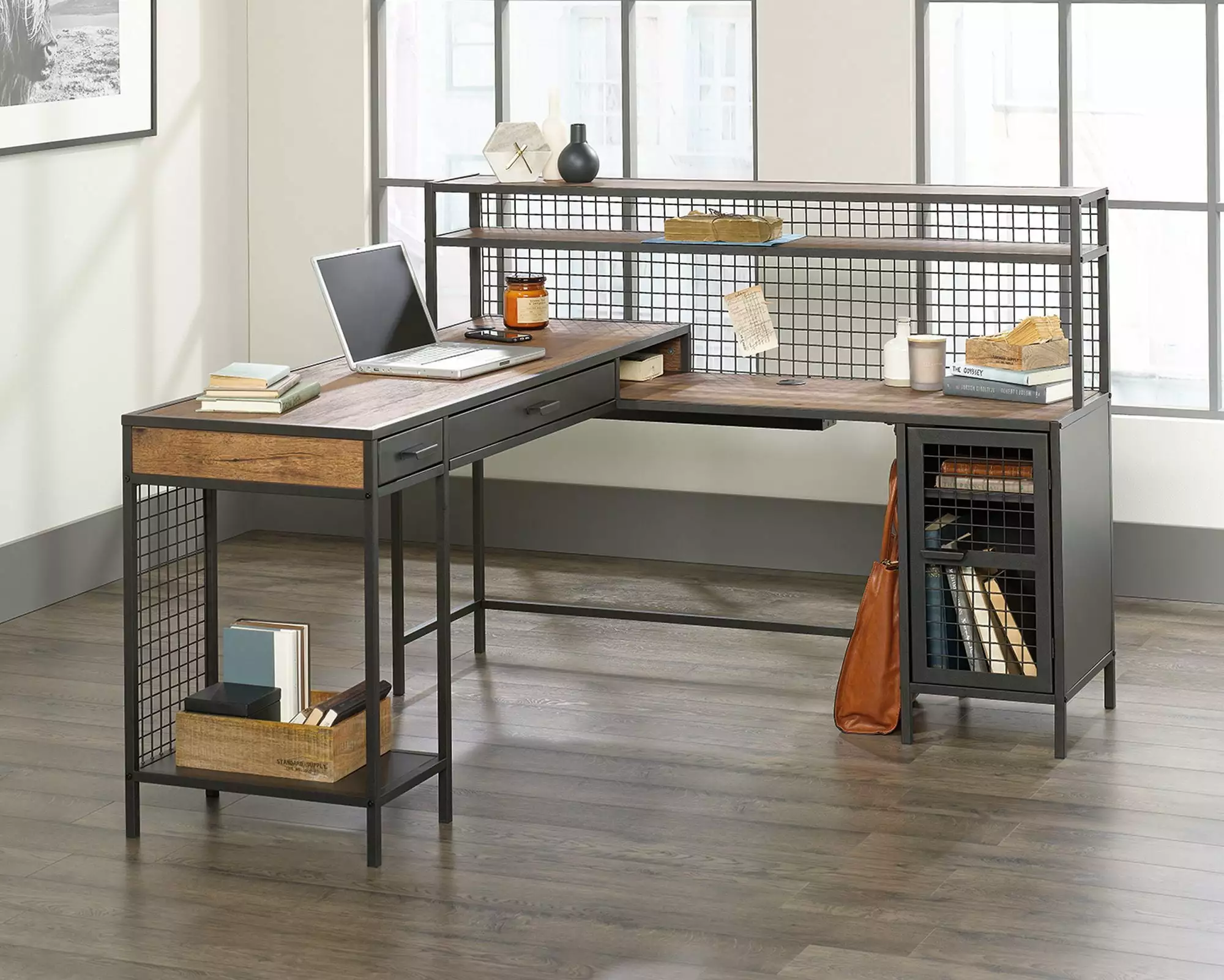 CasaSole 60 Wide L-Shaped Desk - Vintage Oak Home Office Furniture