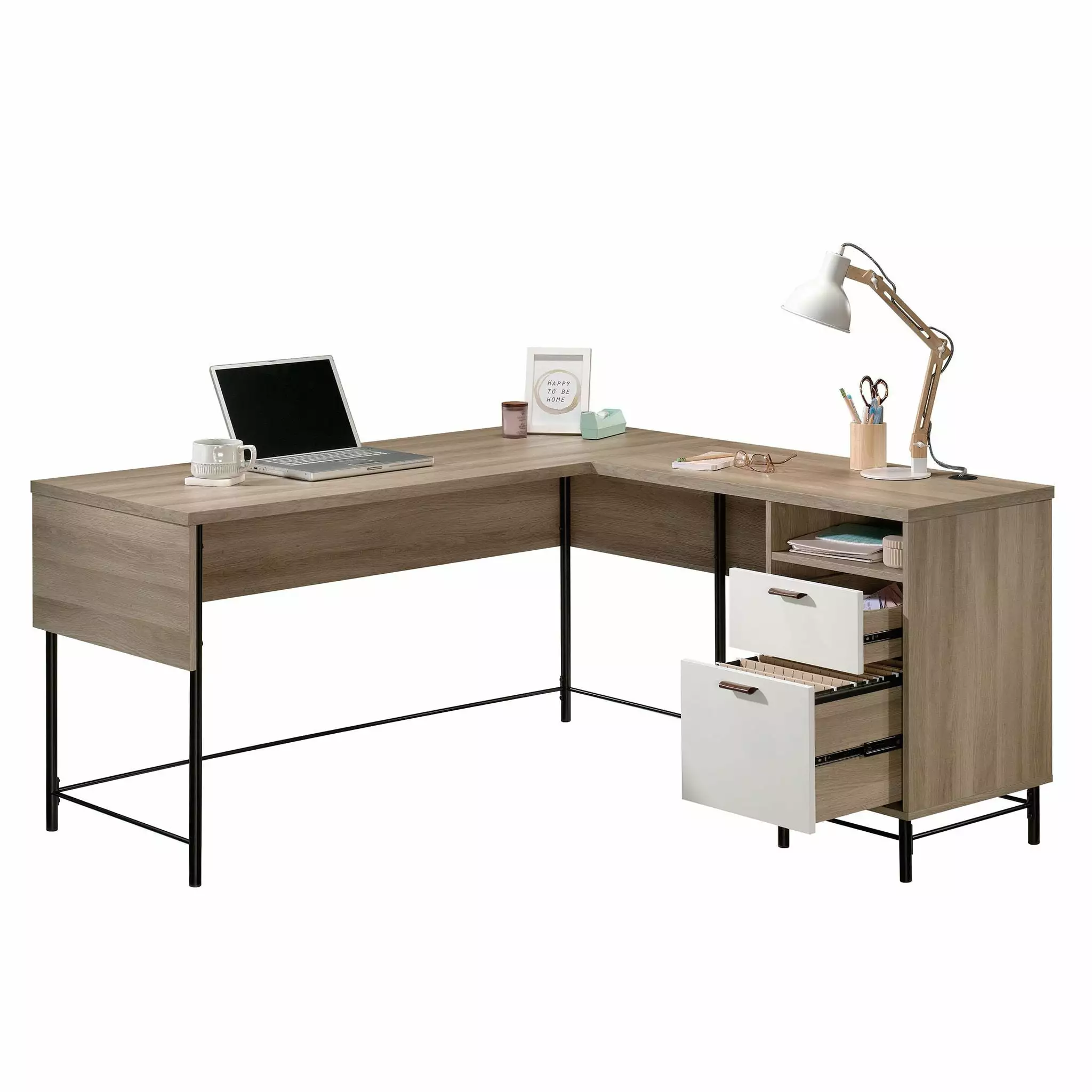 CasaSole 60 Wide L-Shaped Desk White Accents Sky Oak - Modern Workspace