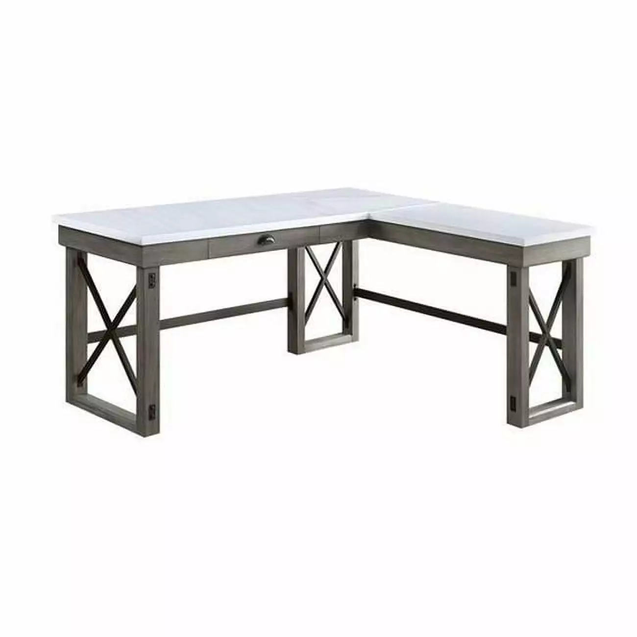 Benjara BM269057 L Shape Writing Desk Marble Lift Top & Sled Base Gray & White Convenience Concepts