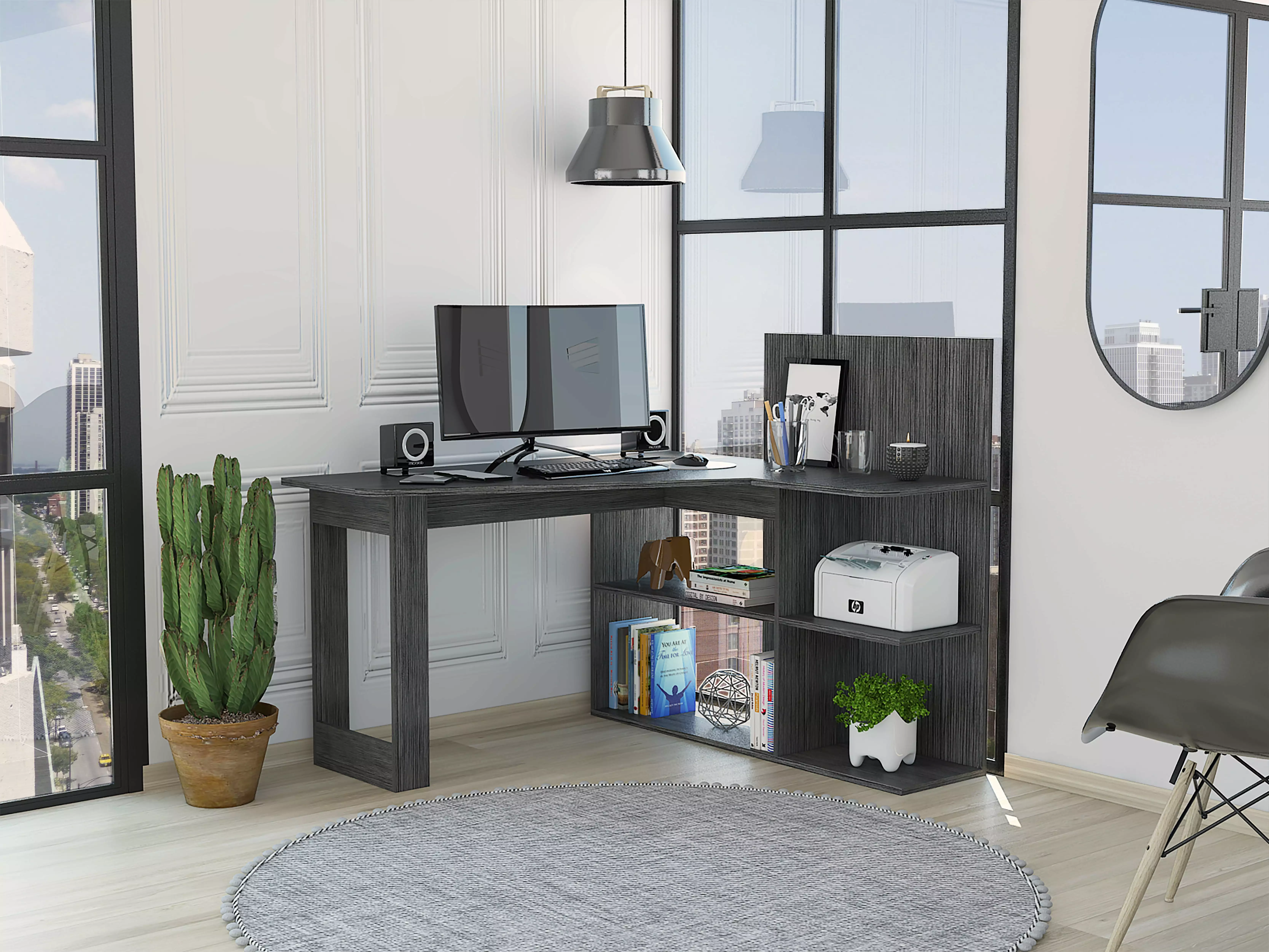 CoSoTower Smokey Oak 4-Shelf L-Shaped Computer Desk