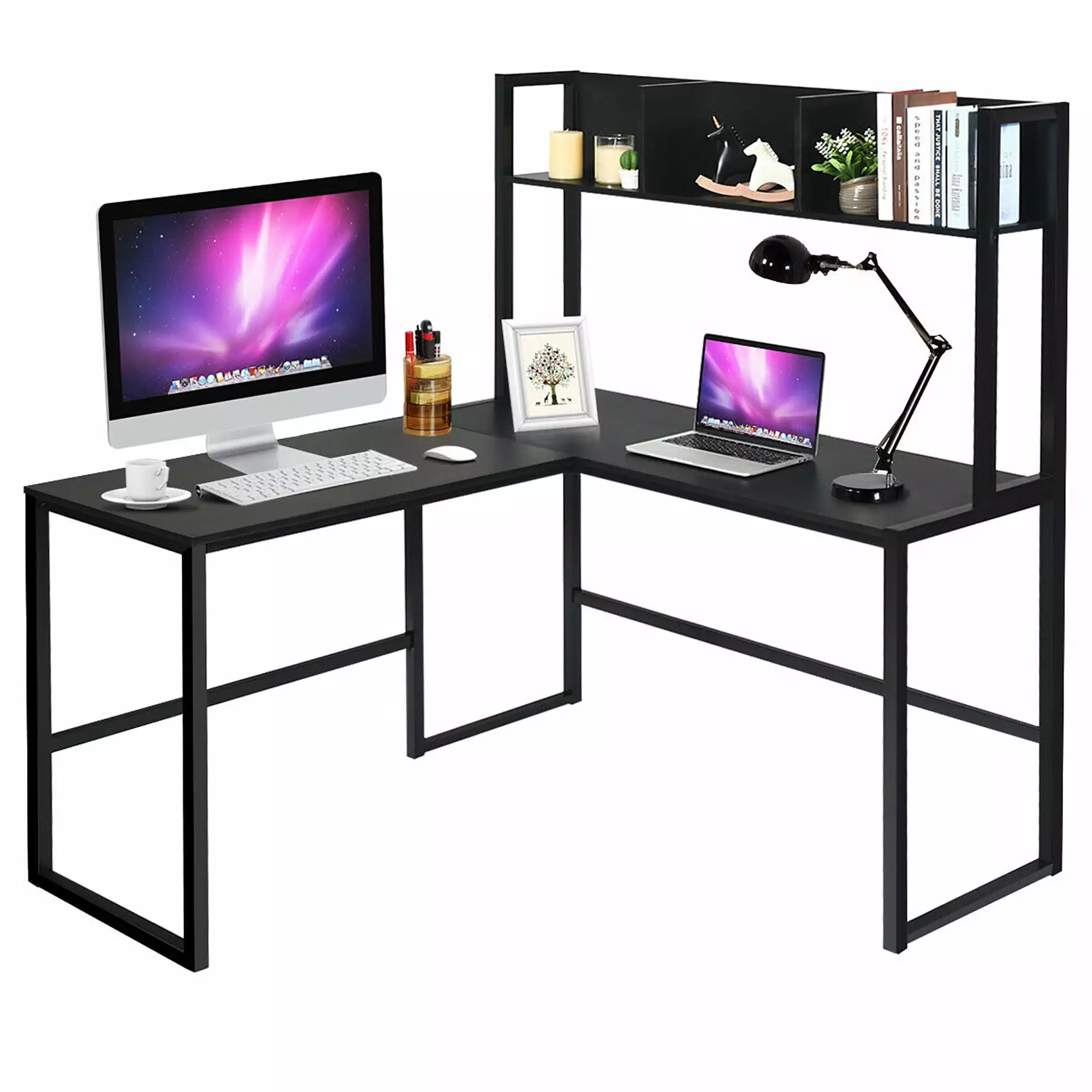 Costway 55 Inch L-Shaped Desk Corner Computer Desk Hutch Black