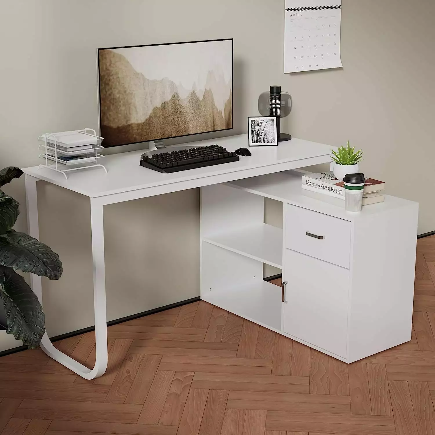 Cozy Castle L-Shaped Computer Desk Corner Desk Drawer 2 Shelves Storage Cabinet