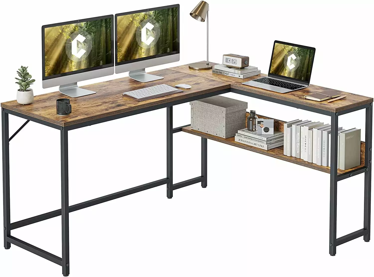 CubiCubi L Shaped Desk 55.1 Inch Corner Computer Desk Storage Shelves Rustic Brown