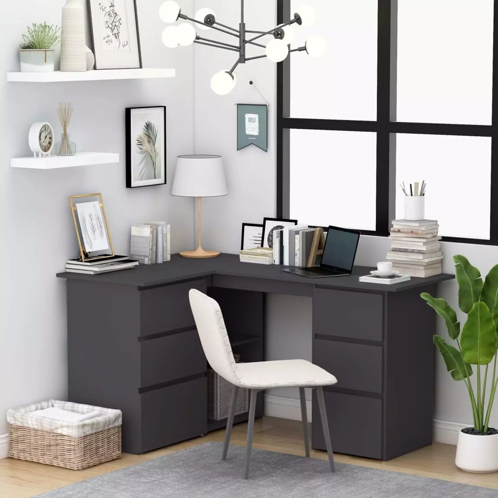 Dcenta L-Shaped Computer Desk 2 Open Storage Shelves and 6 Drawers - Home Office Workstation