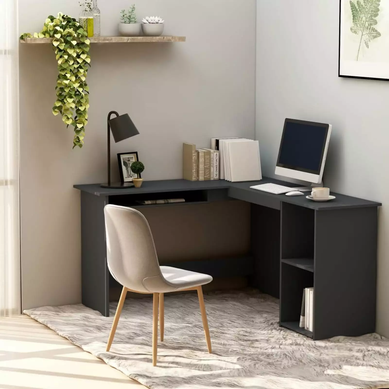 Dcenta L-Shaped Corner Computer Desk Keyboard Tray and Storage Shelves Home Office Gaming Gray 47.2 x 55.1 Inches
