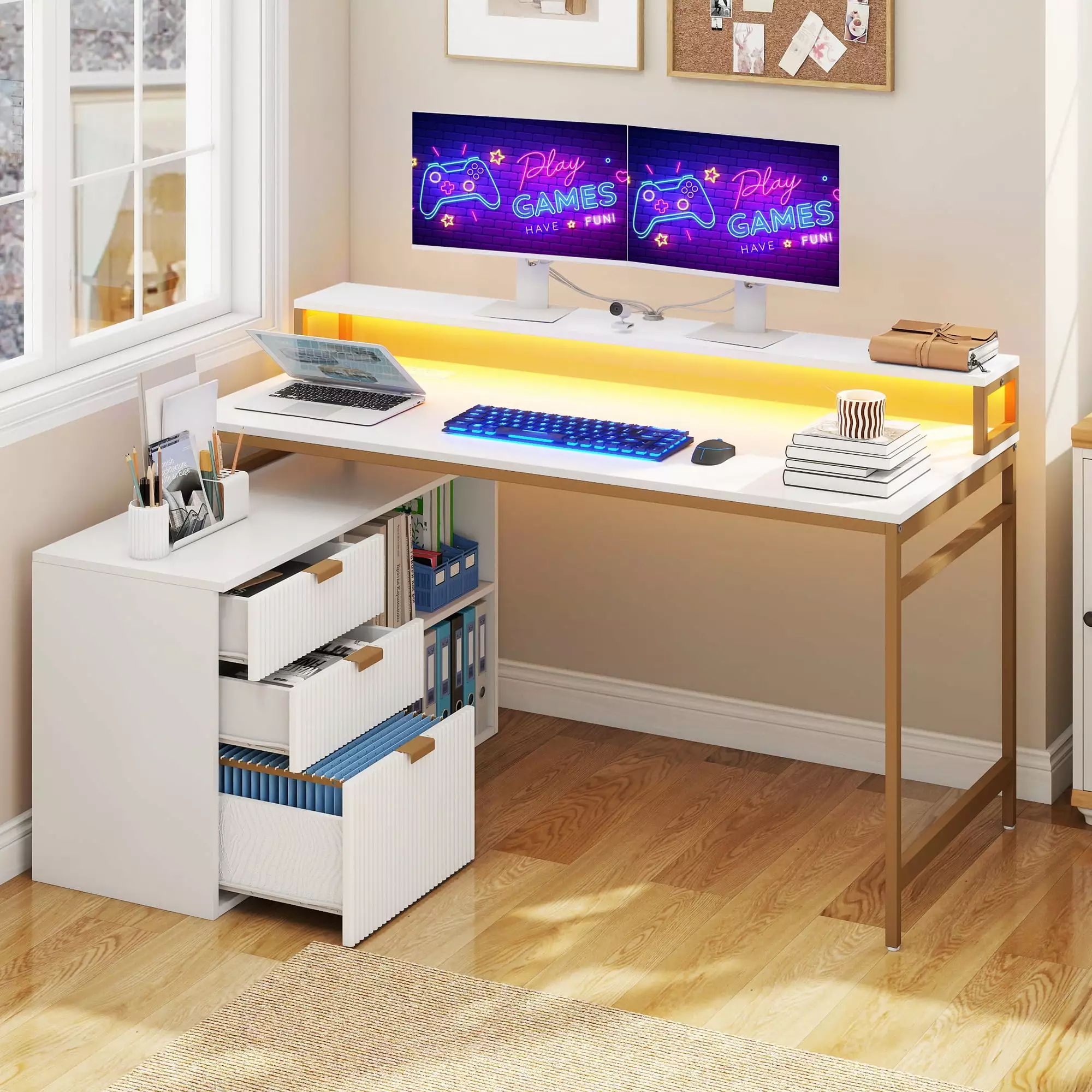 Dextrus L-Shaped Desk File Cabinet 55 Inch Computer Desk Power Outlet LED