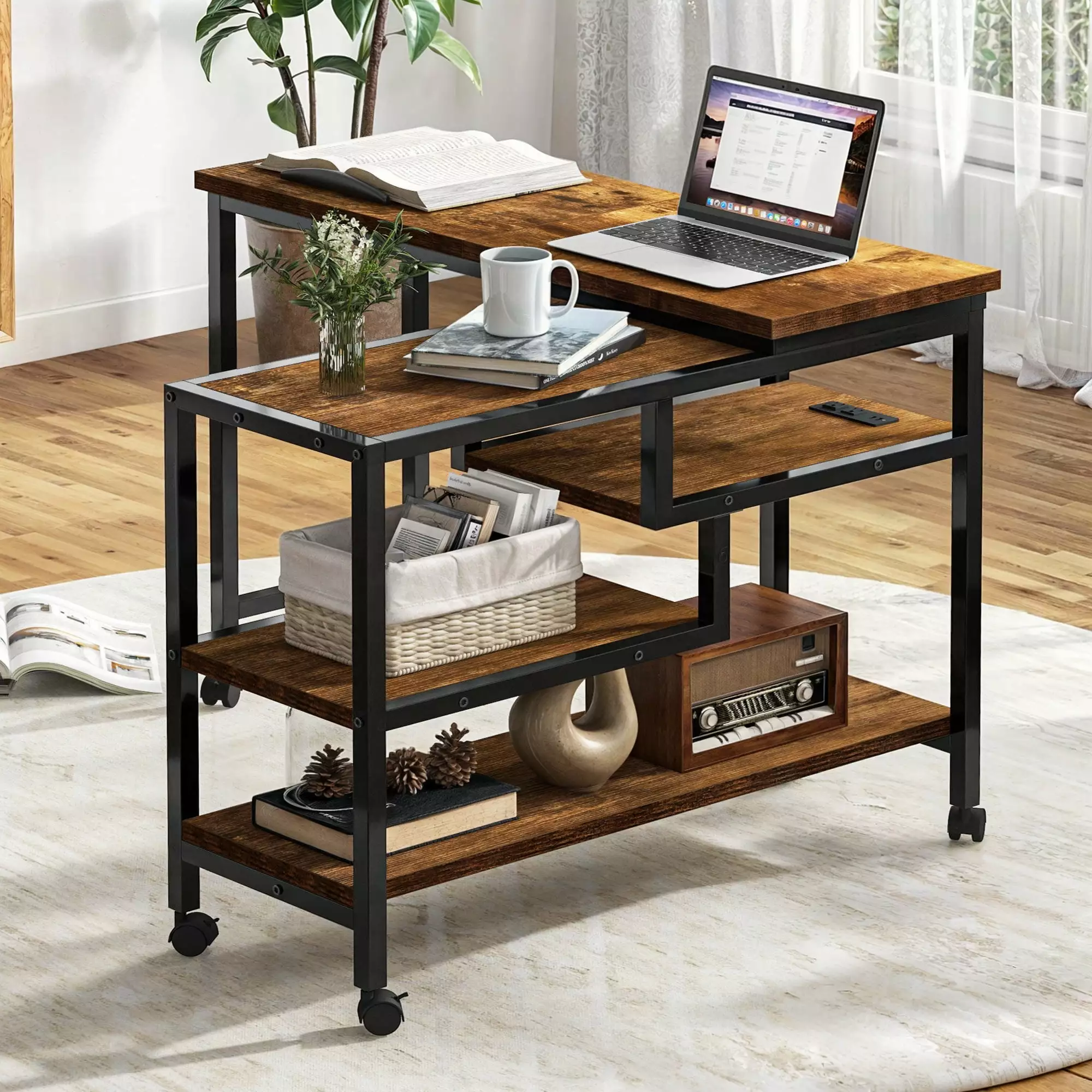 Dextrus Rotating L-Shaped Computer Corner Desk Power Outlets Storage Shelves and Wheels Rustic Brown