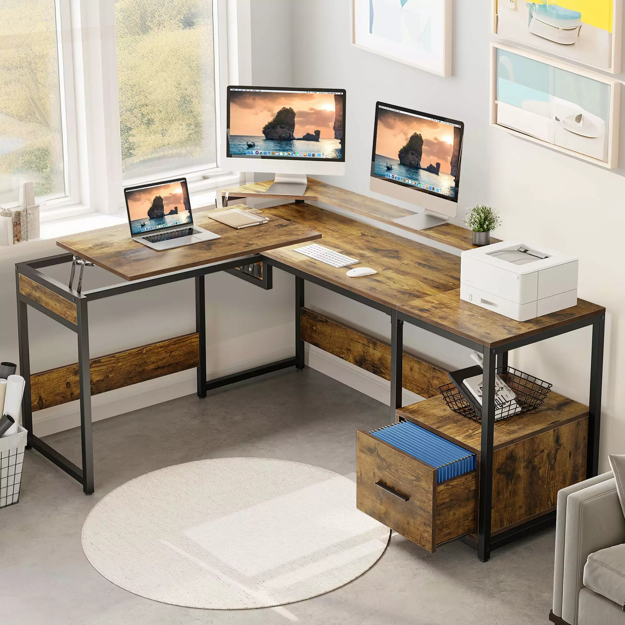 Dextrus L Shaped Corner Computer Desk File Drawer 65 Inch Lift Top Desk Rustic Brown