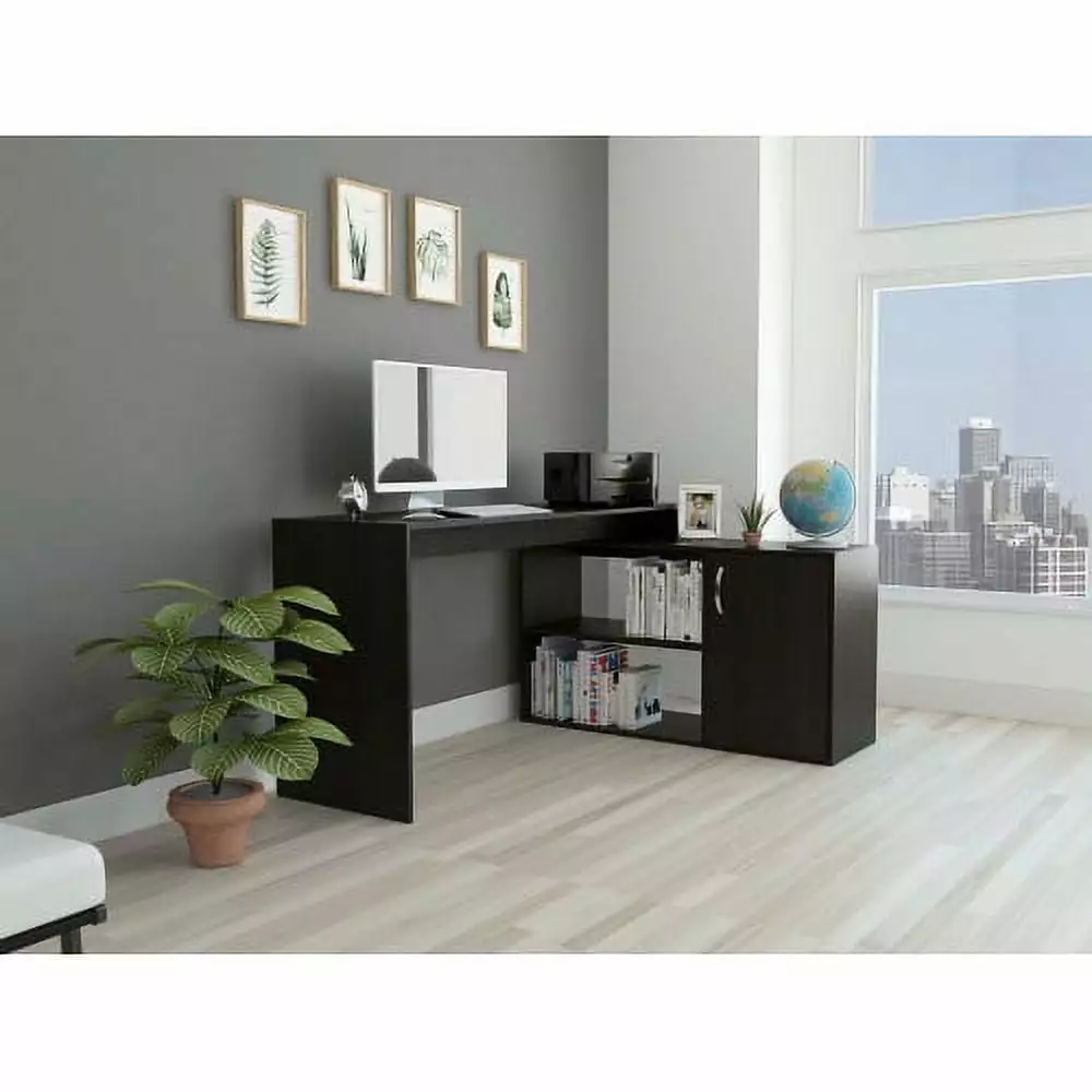 Doenxt L-Shaped Office Desk Black Wengue 1 Drawer and 2 Shelves Donext